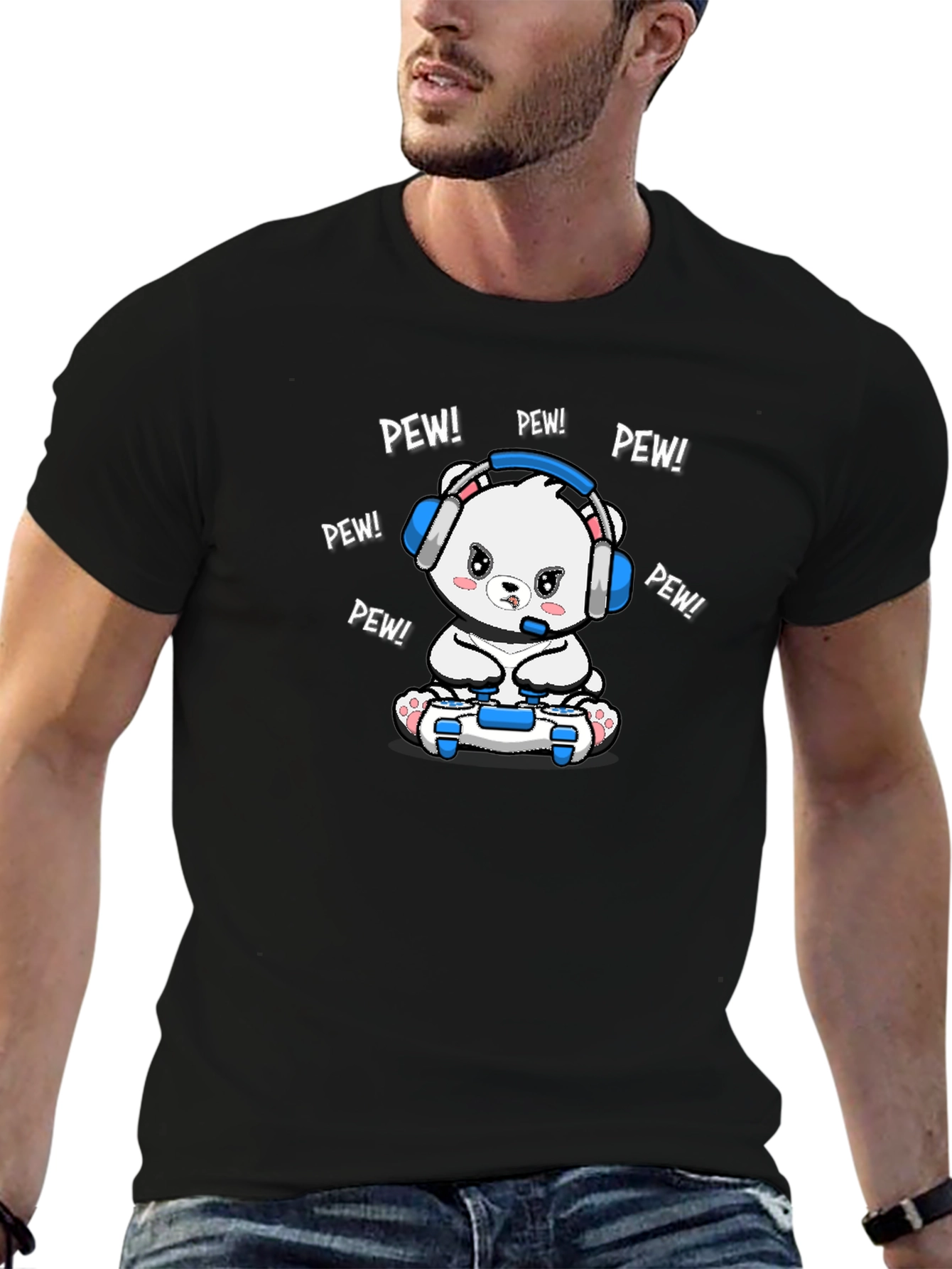 Gamer Bear T-Shirt - Pew Pew! Black Cotton Tee