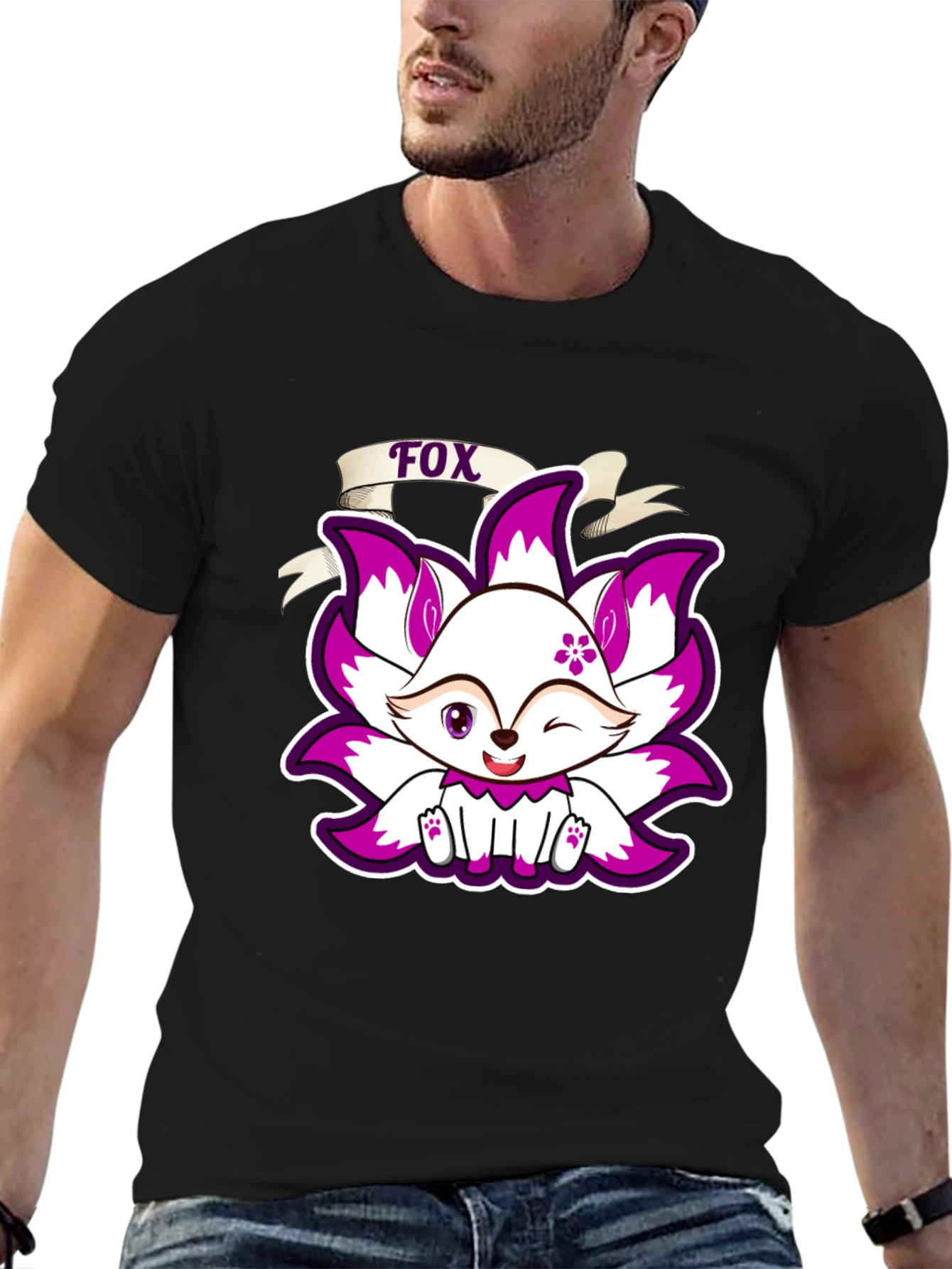 Cute Fox Graphic Print T-Shirt - Black