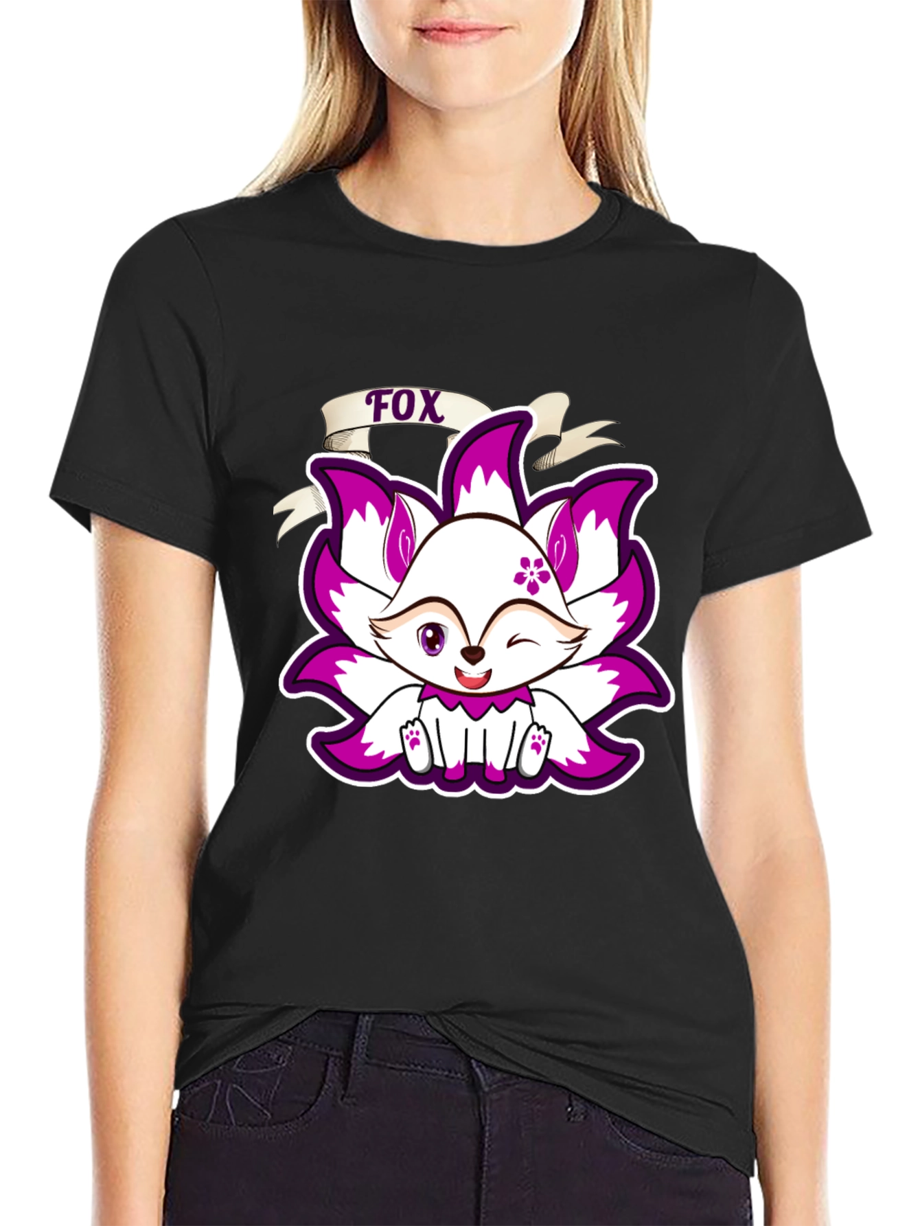 Cute Fox Graphic Print T-Shirt - Black