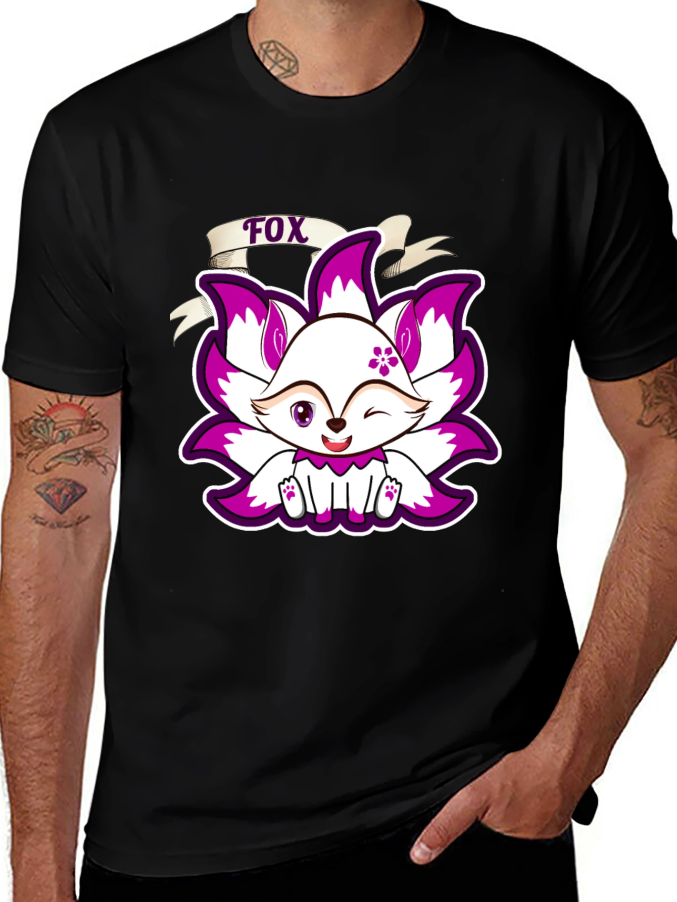 Cute Fox Graphic Print T-Shirt - Black