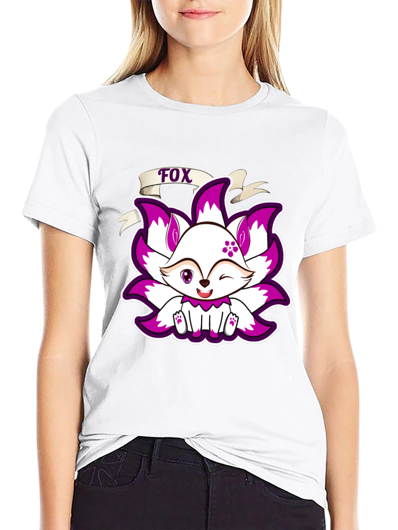 Cute Fox Graphic Print T-Shirt - Black