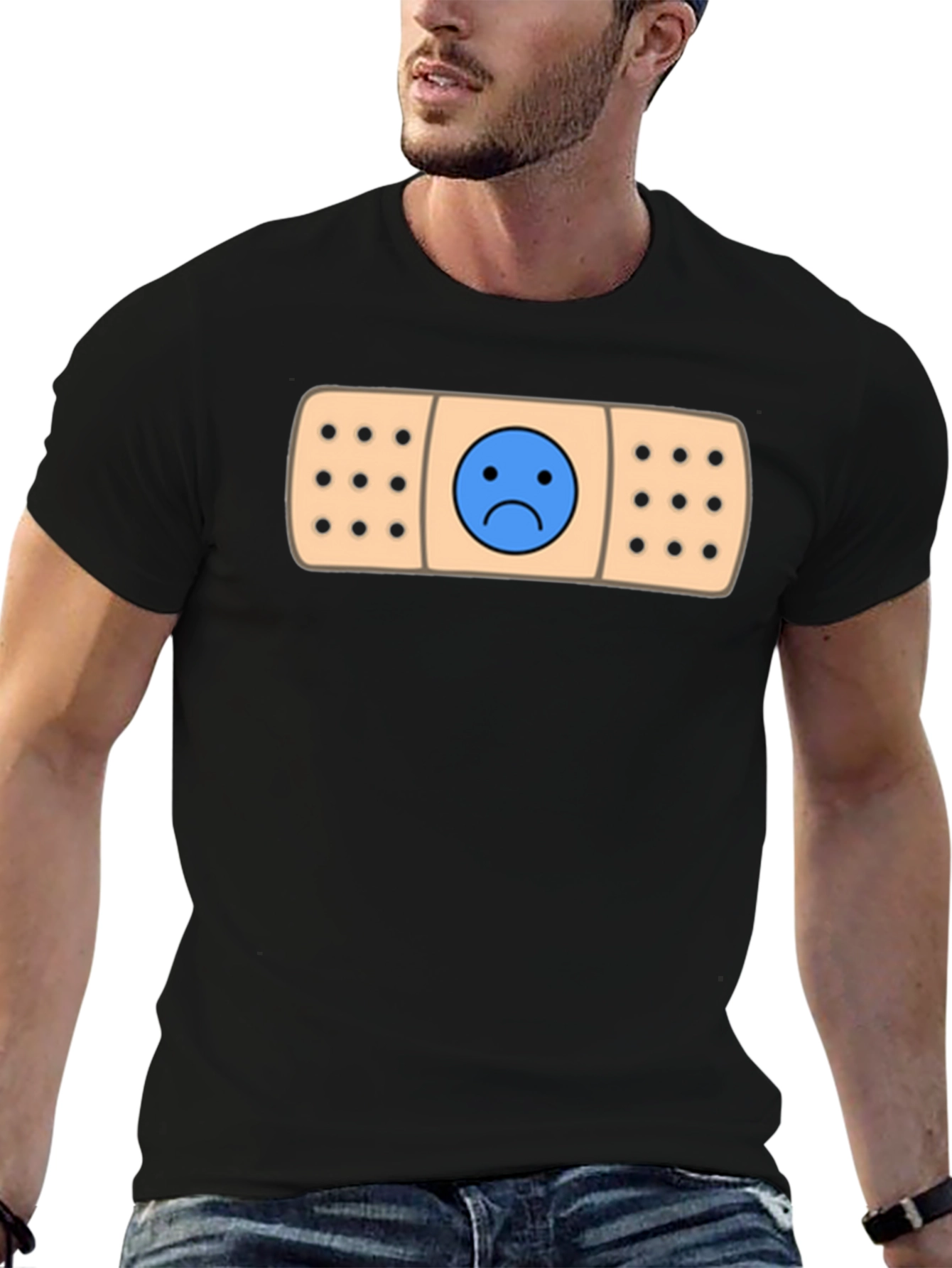 Sad Face Bandage Graphic Tee - Black T-Shirt