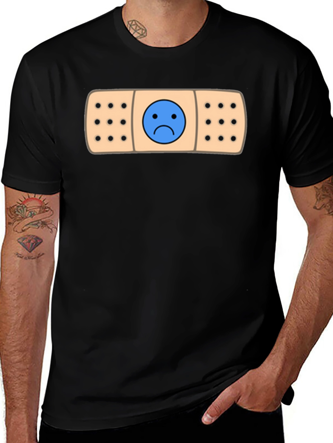 Sad Face Bandage Graphic Tee - Black T-Shirt