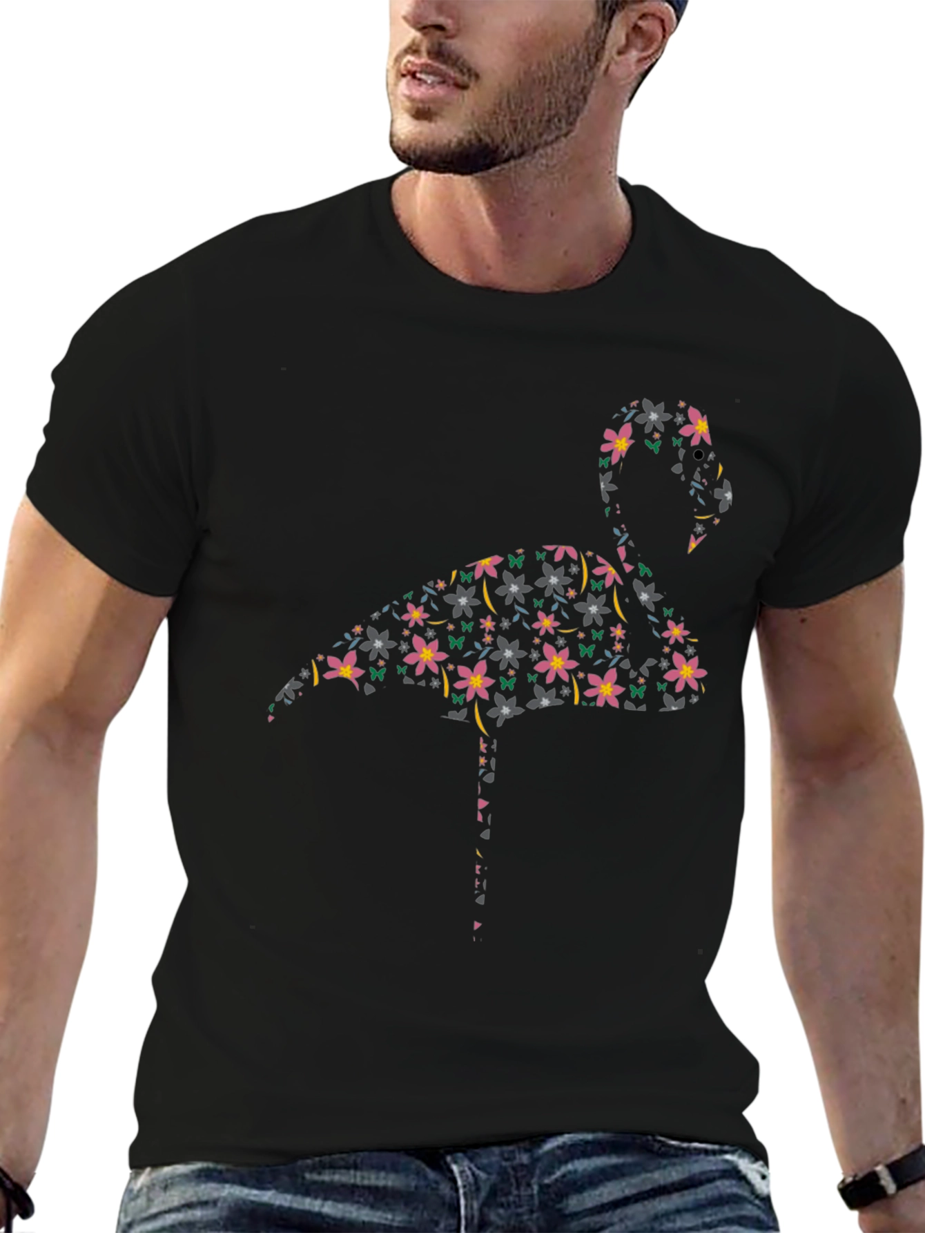 Floral Flamingo Print Black T-Shirt