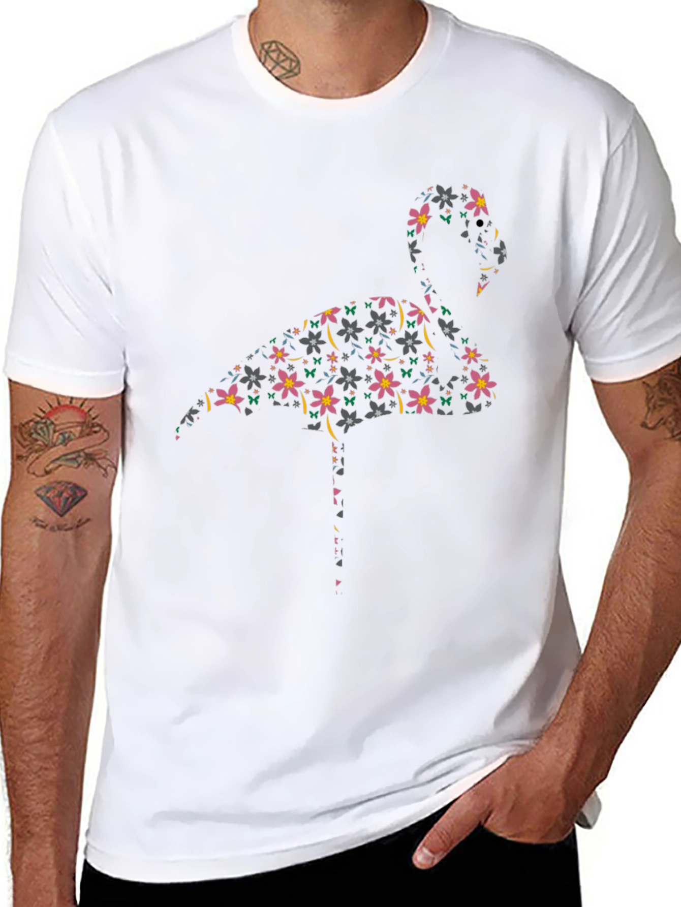 Floral Flamingo Print Black T-Shirt