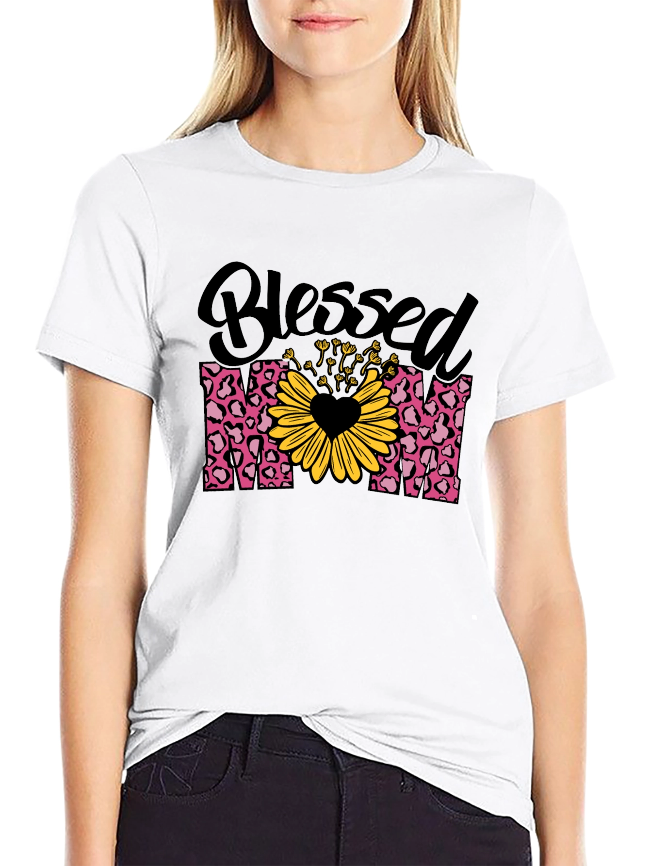 Blessed Mom T-Shirt Leopard Print Sunflower Heart