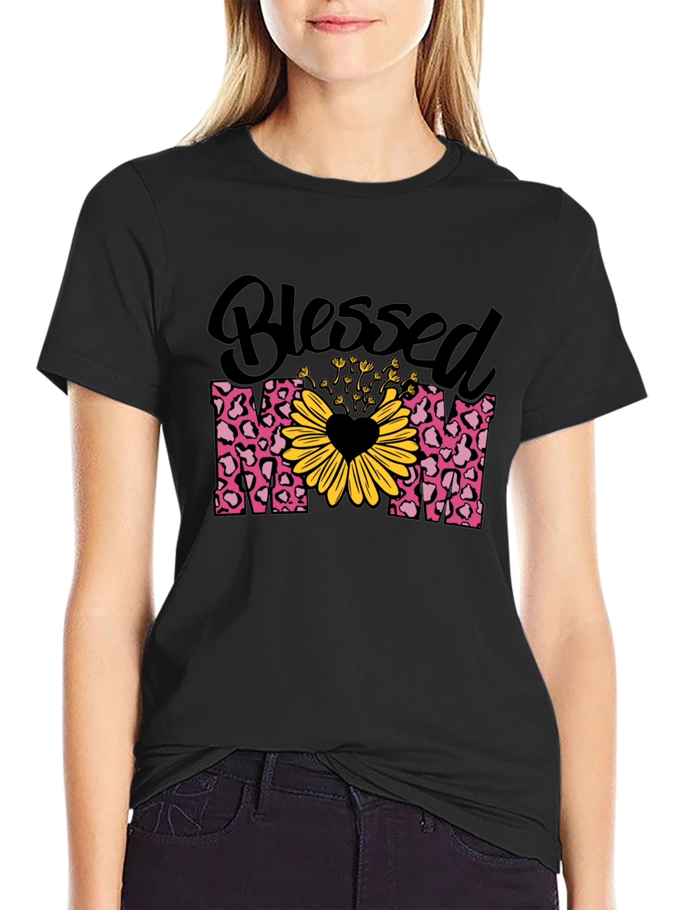 Blessed Mom T-Shirt Leopard Print Sunflower Heart
