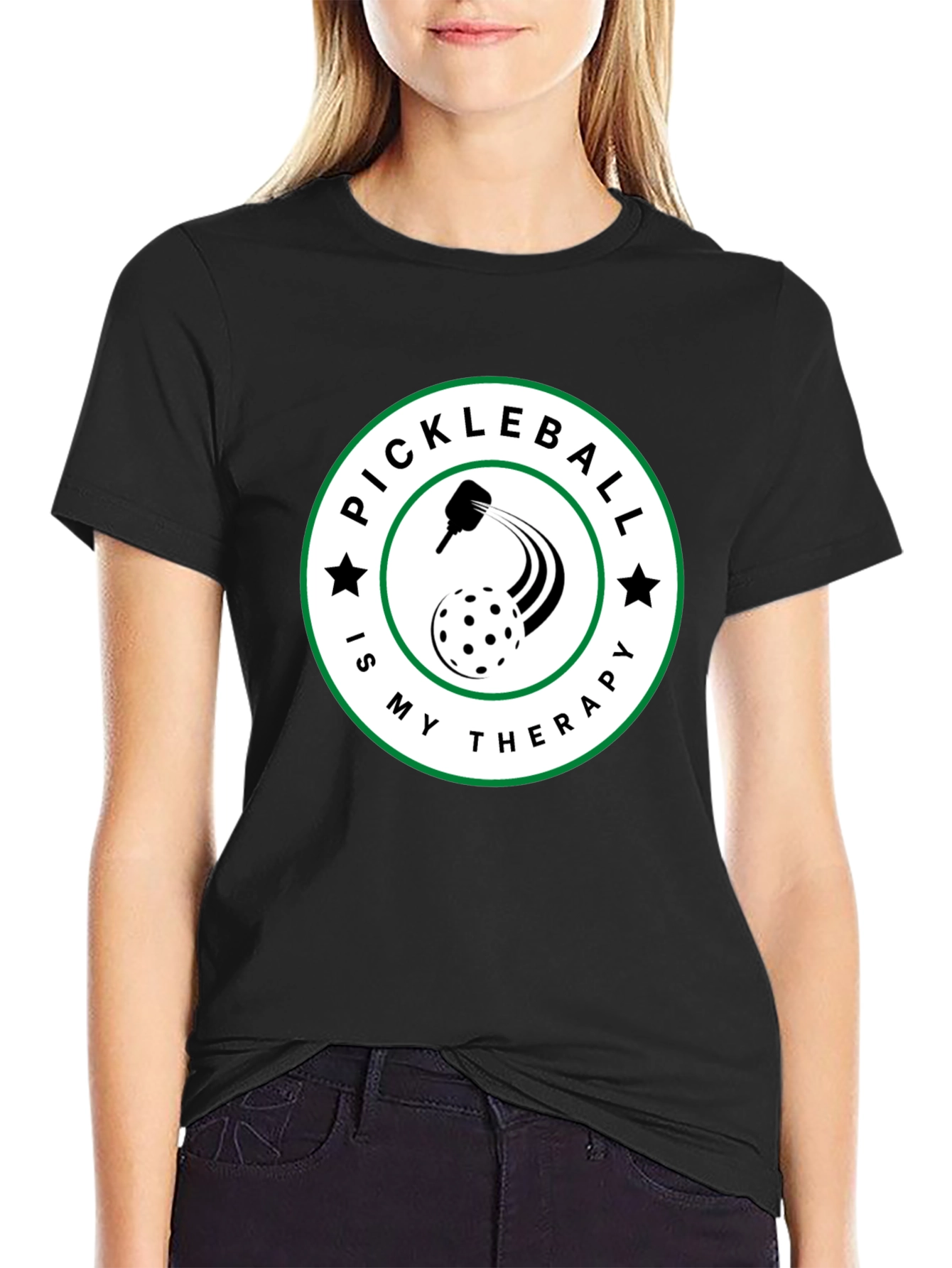 Pickleball Therapy T-Shirt - Black Crew Neck