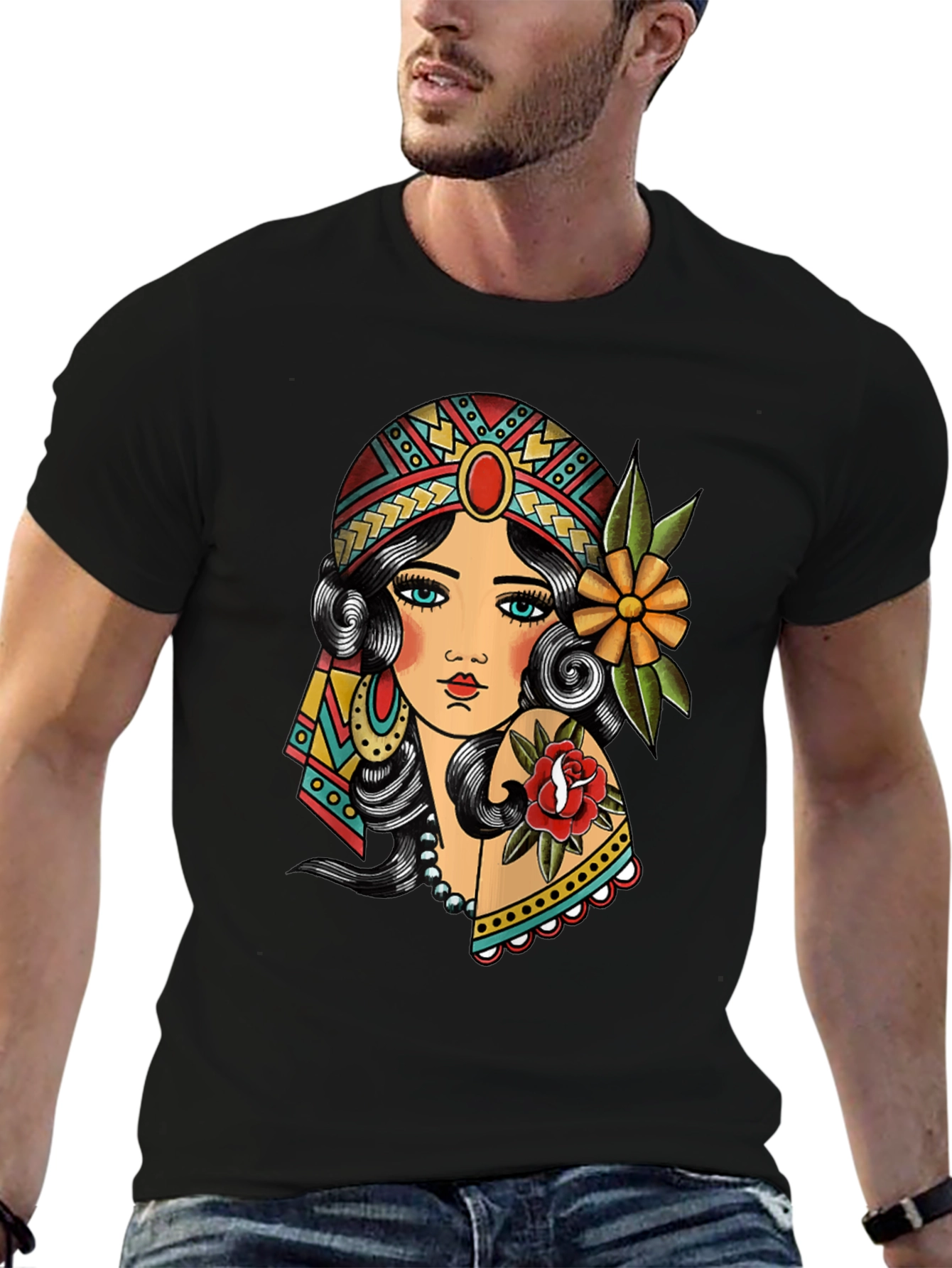 Gypsy Tattoo Graphic Print Black T-Shirt