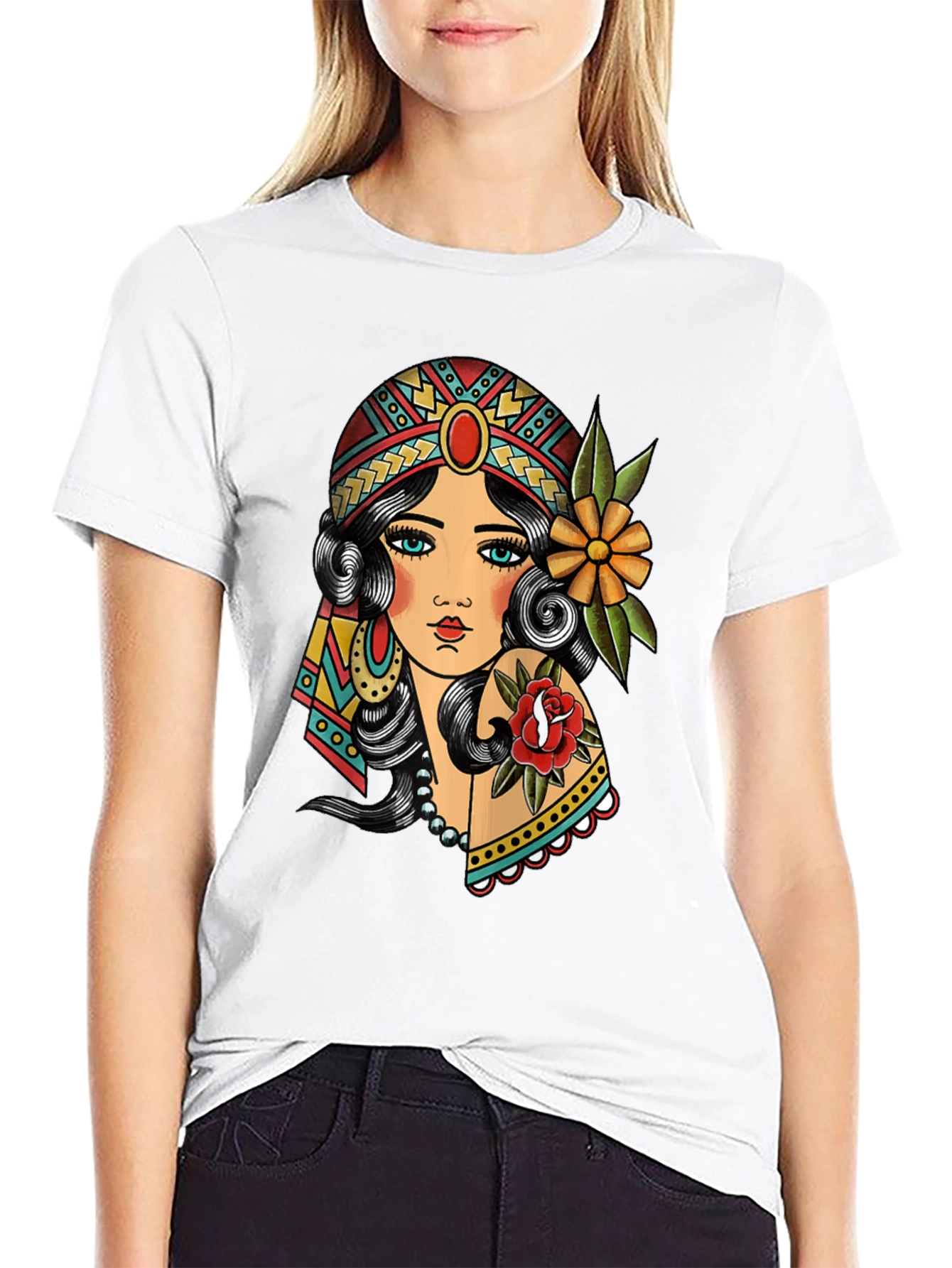 Gypsy Tattoo Graphic Print Black T-Shirt
