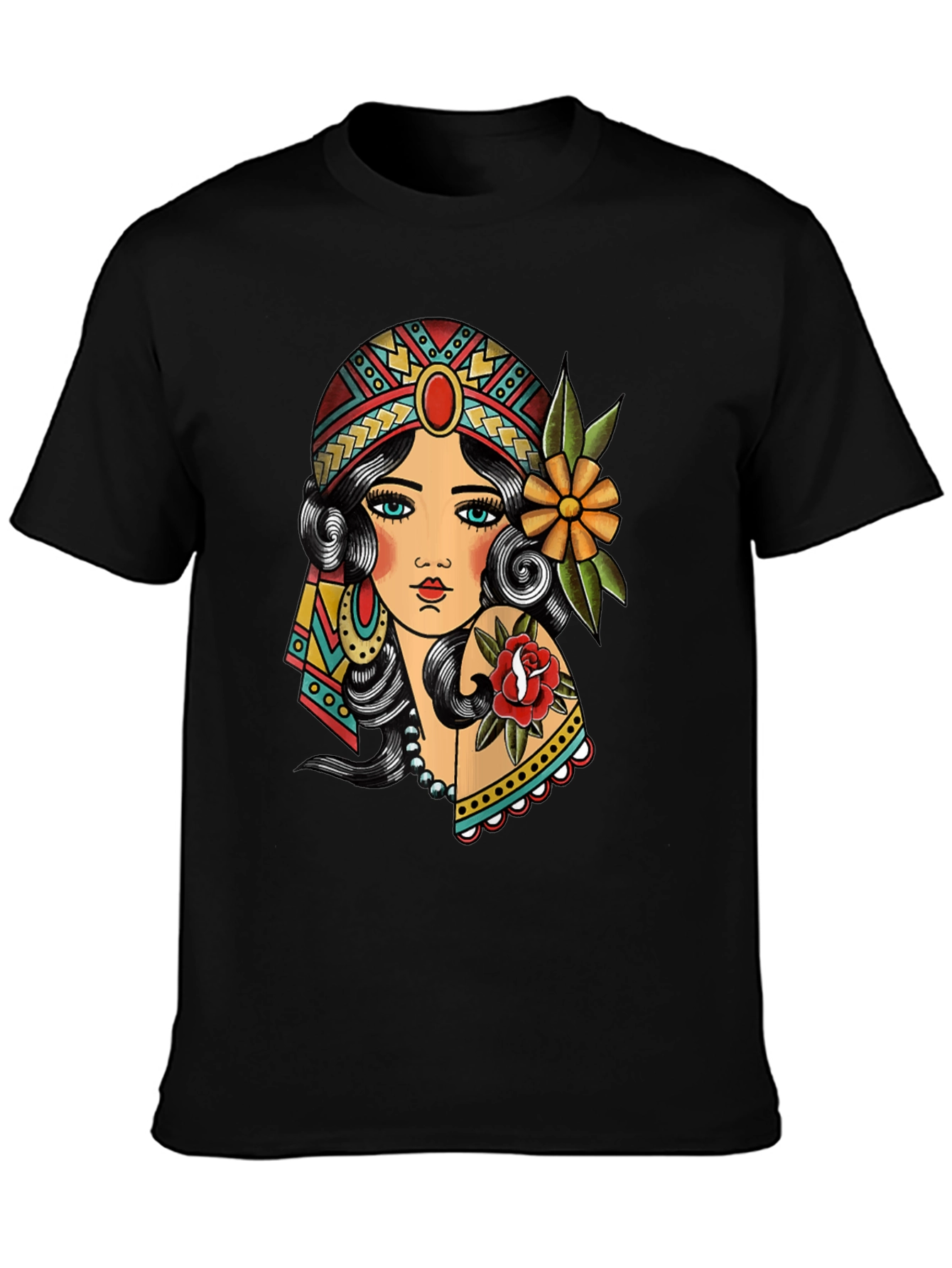 Gypsy Tattoo Graphic Print Black T-Shirt