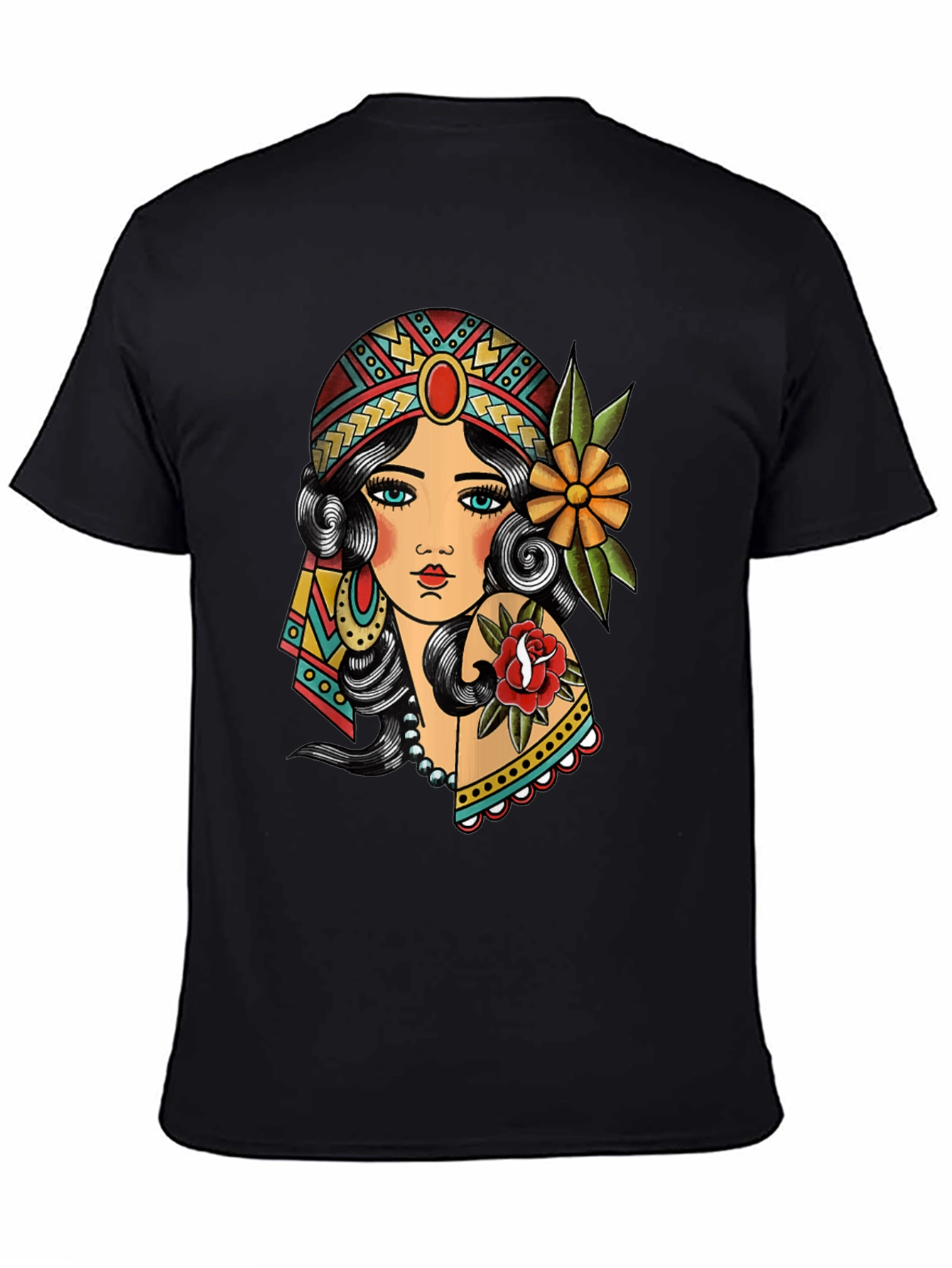 Gypsy Tattoo Graphic Print Black T-Shirt