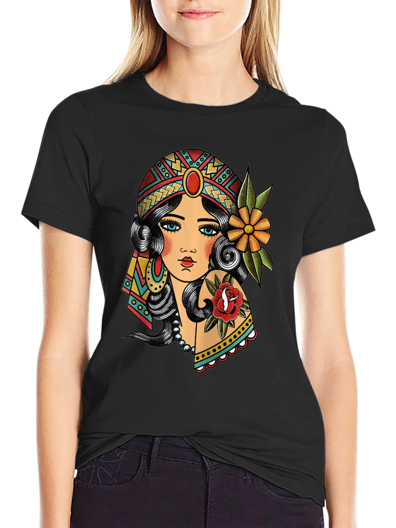 Gypsy Tattoo Graphic Print Black T-Shirt
