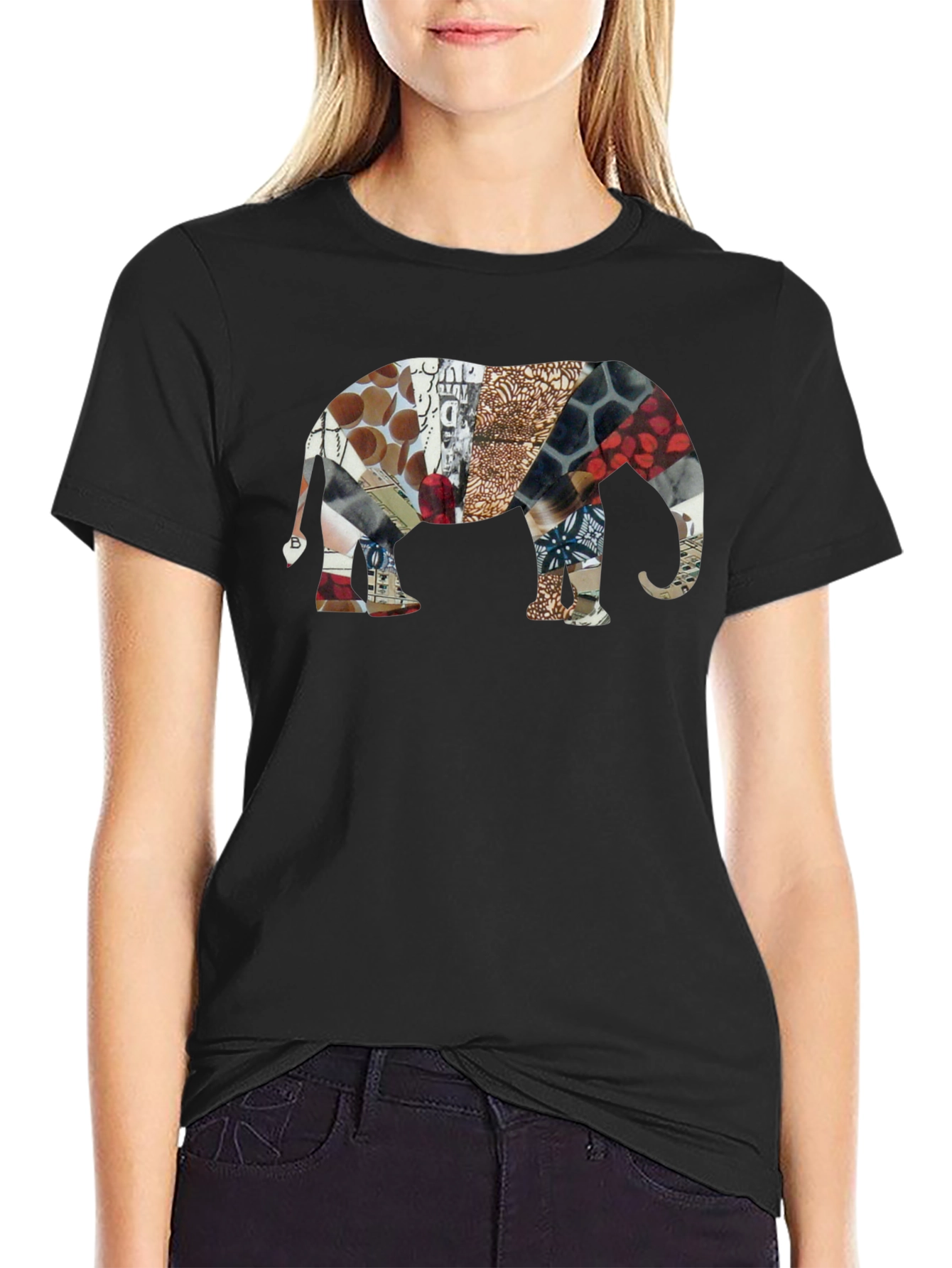 Elephant Collage Print Black T-Shirt