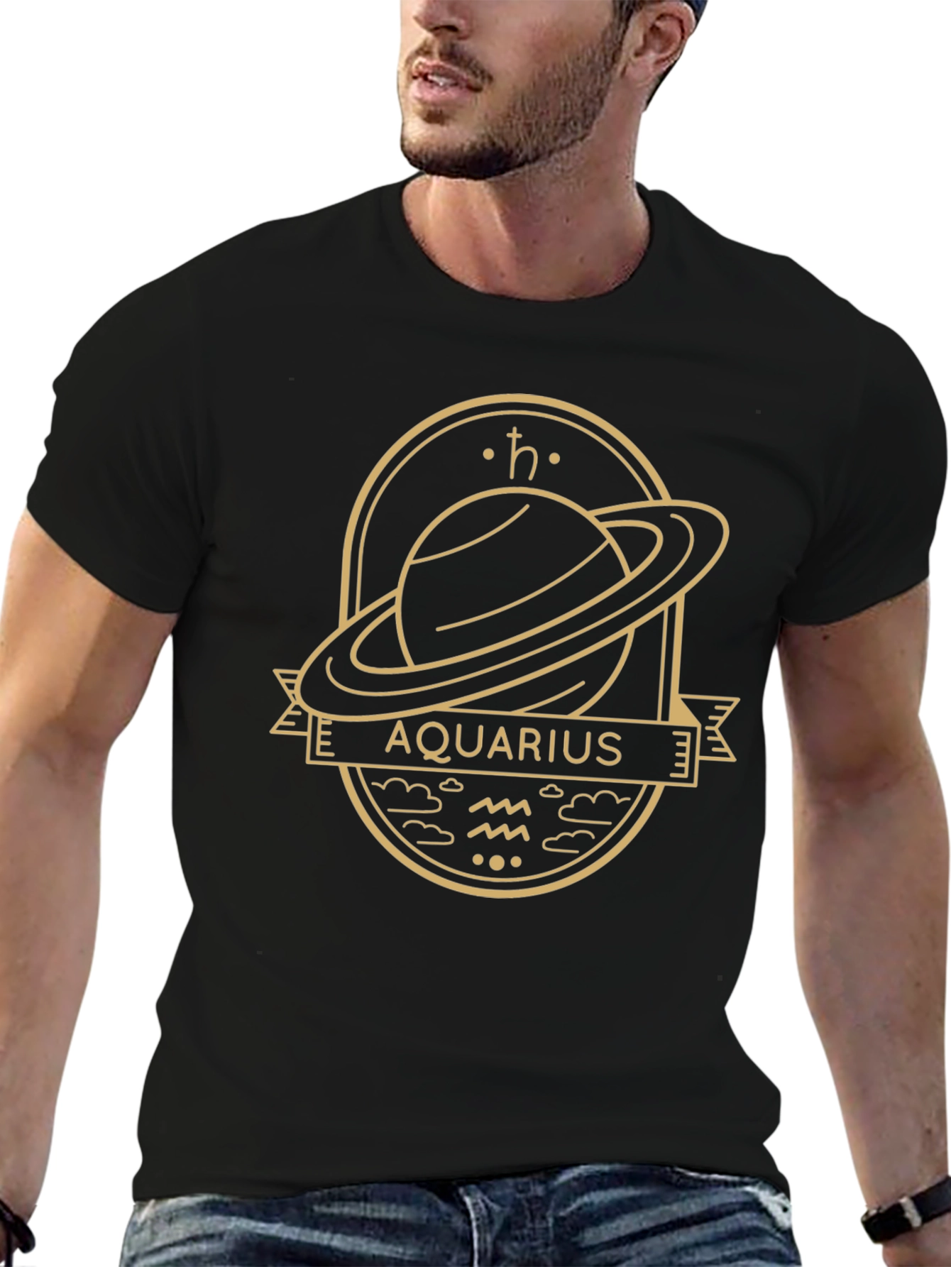 Aquarius Zodiac Graphic Tee - Saturn Design Black T-Shirt