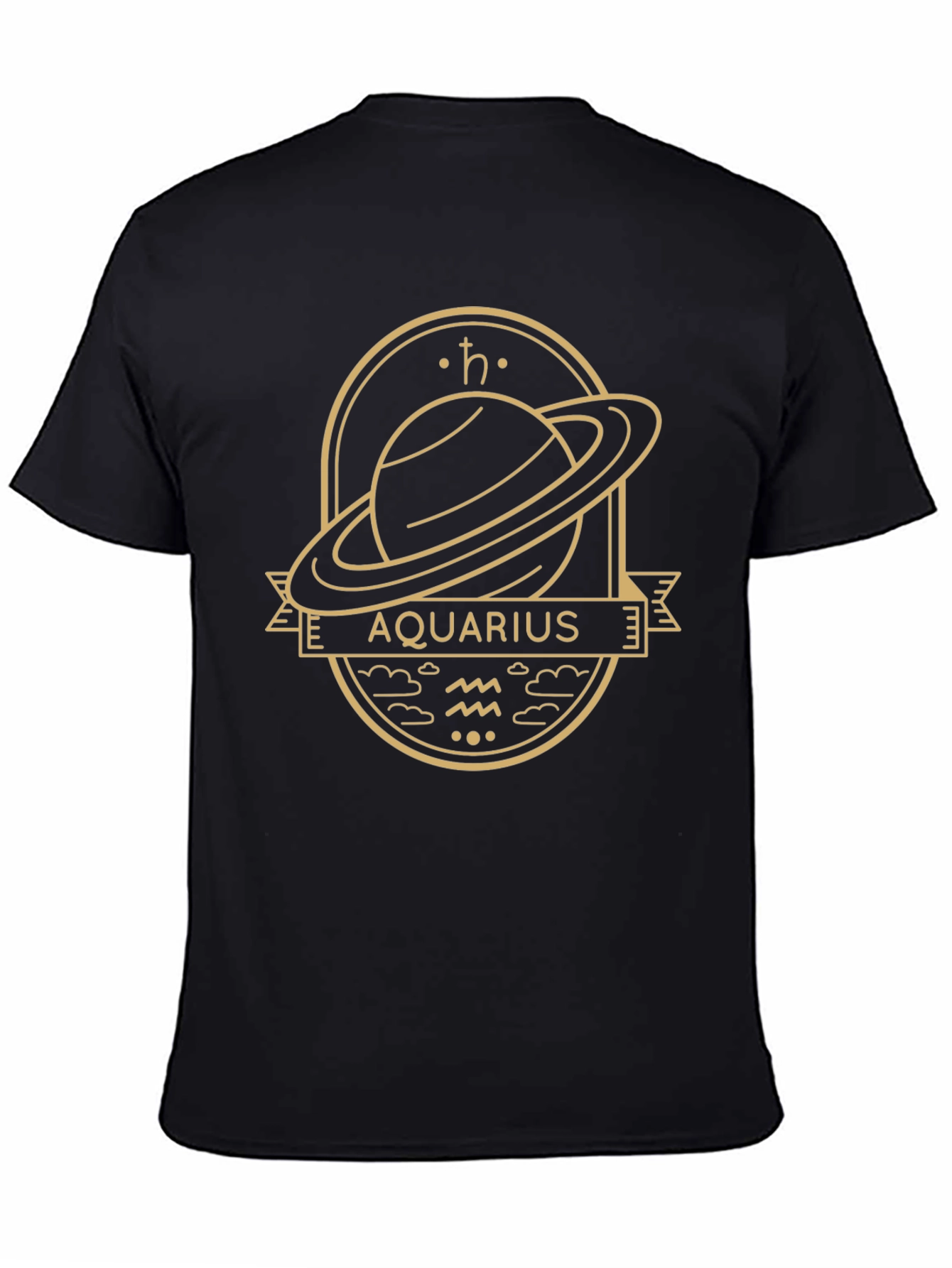 Aquarius Zodiac Graphic Tee - Saturn Design Black T-Shirt