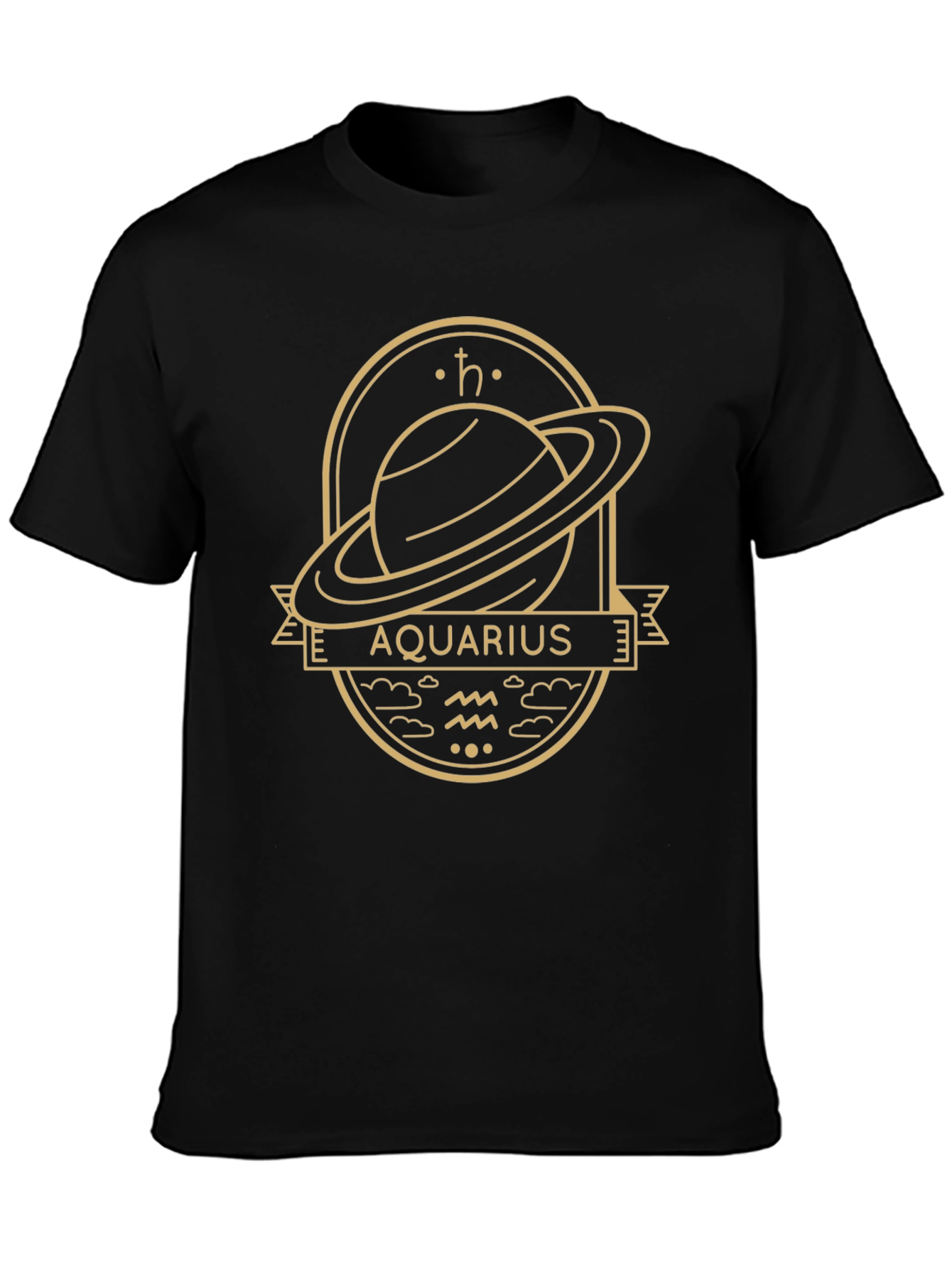 Aquarius Zodiac Graphic Tee - Saturn Design Black T-Shirt