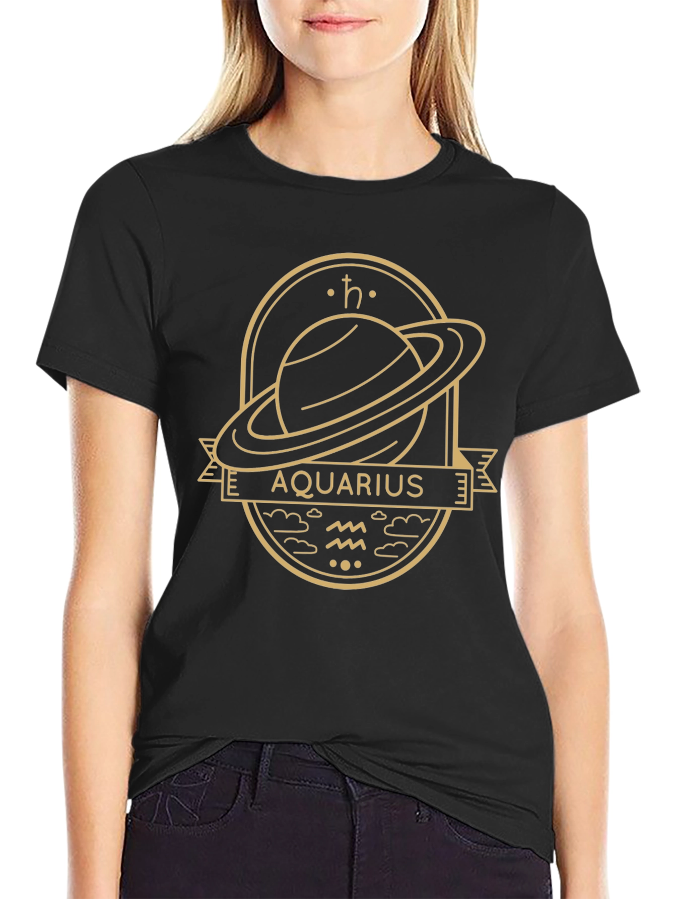 Aquarius Zodiac Graphic Tee - Saturn Design Black T-Shirt