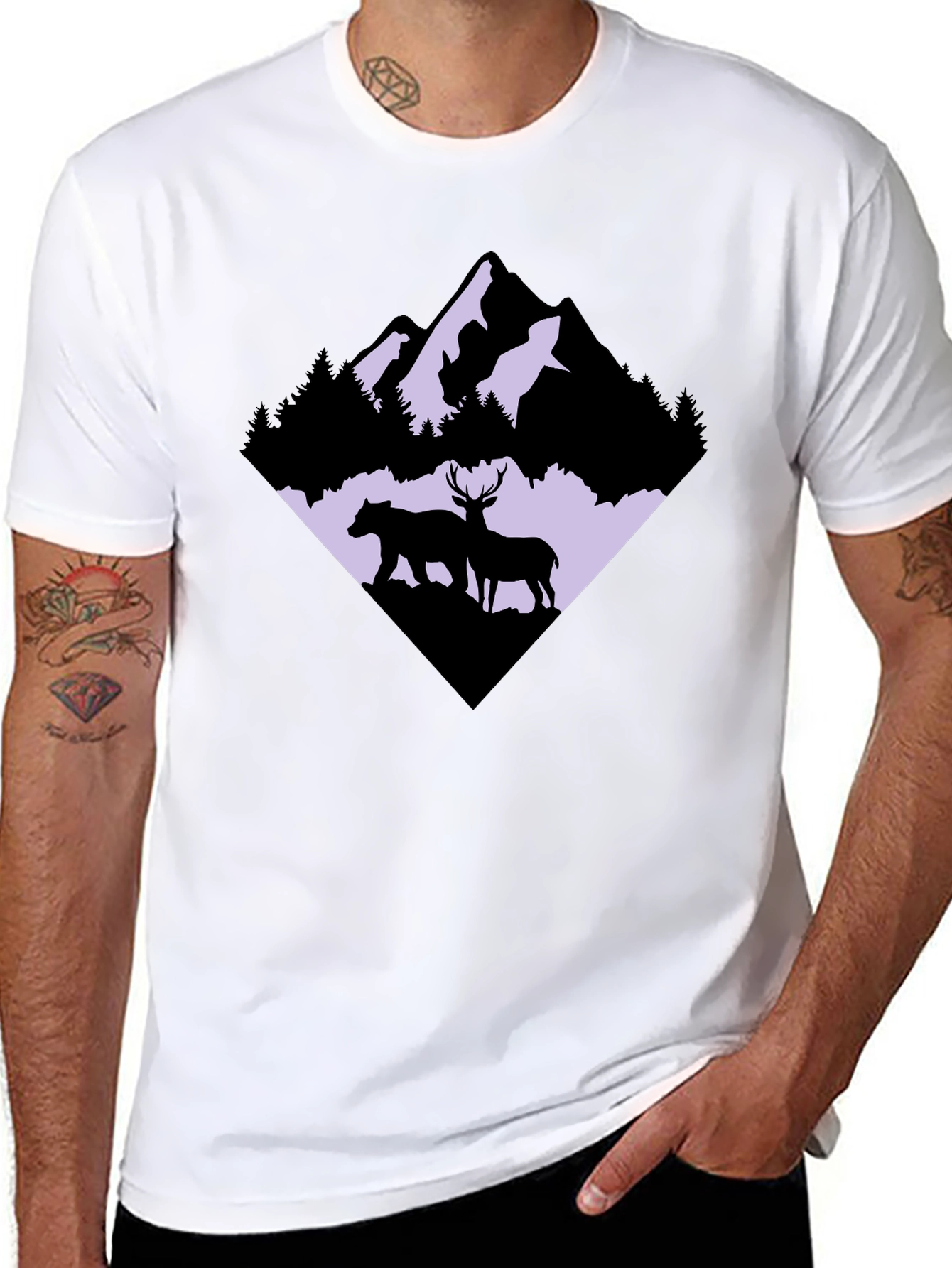 Mountain Bear & Deer Graphic Tee - Black