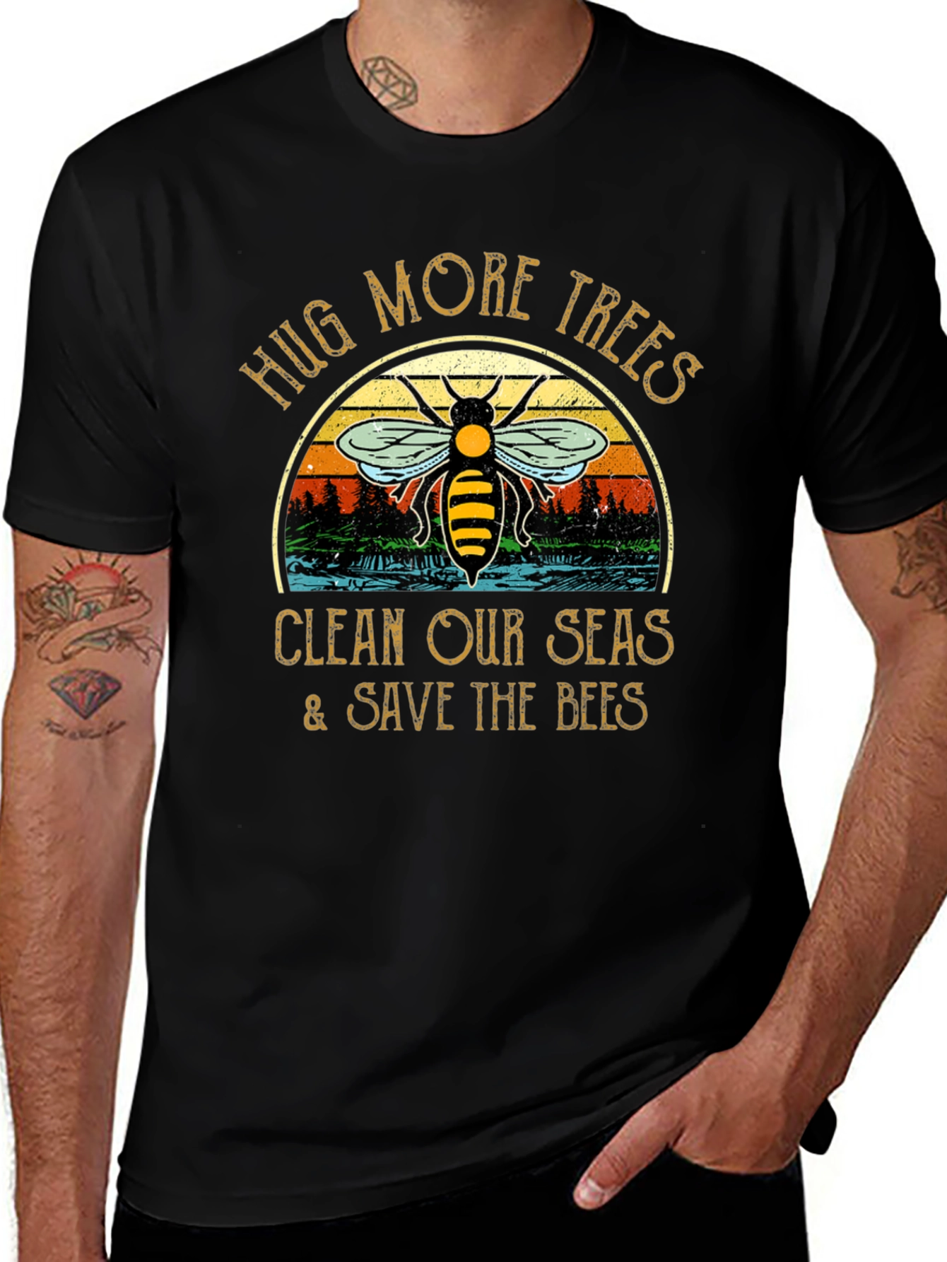 Hug Trees Clean Seas Save Bees Black T-Shirt