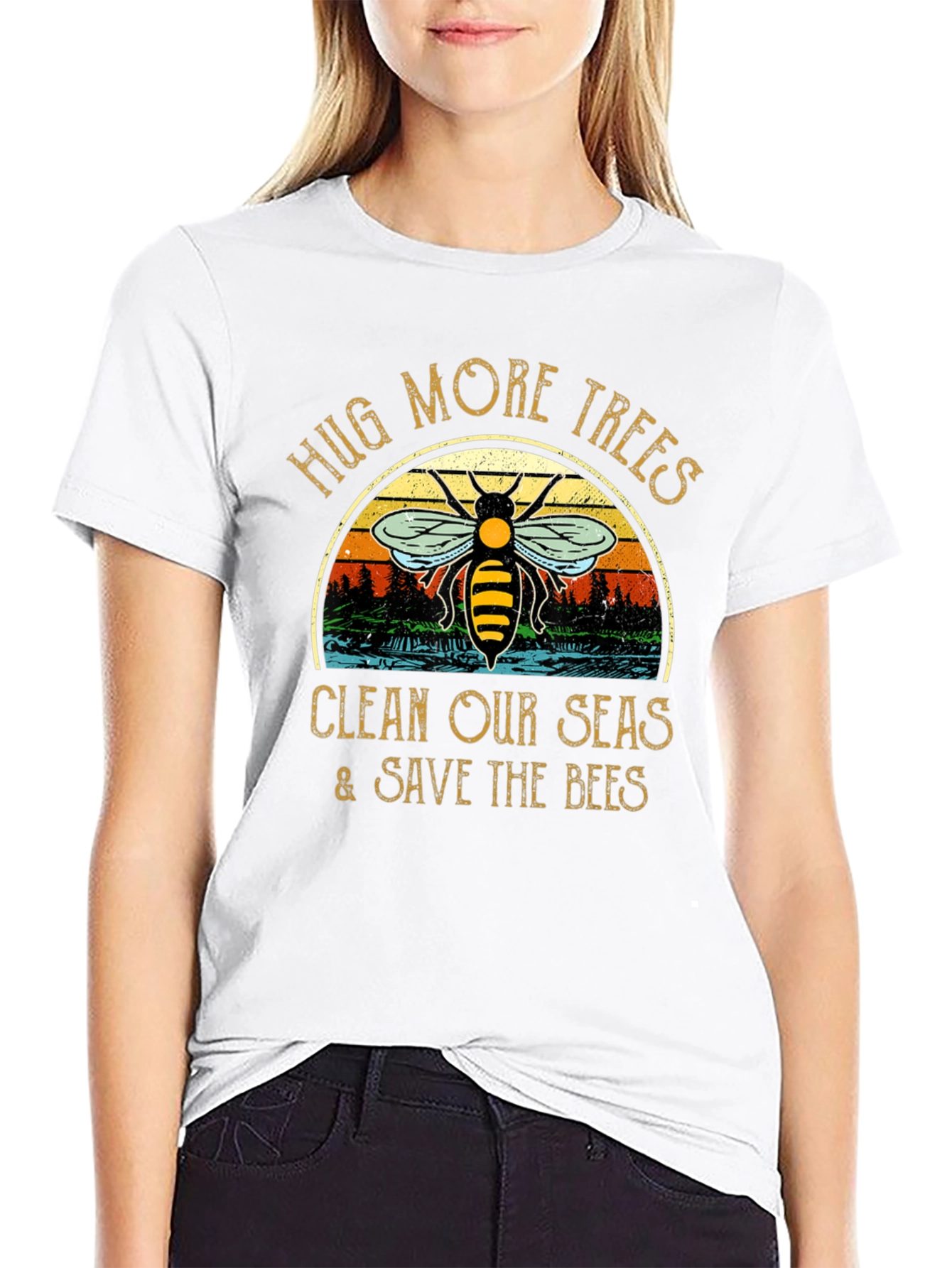 Hug Trees Clean Seas Save Bees Black T-Shirt