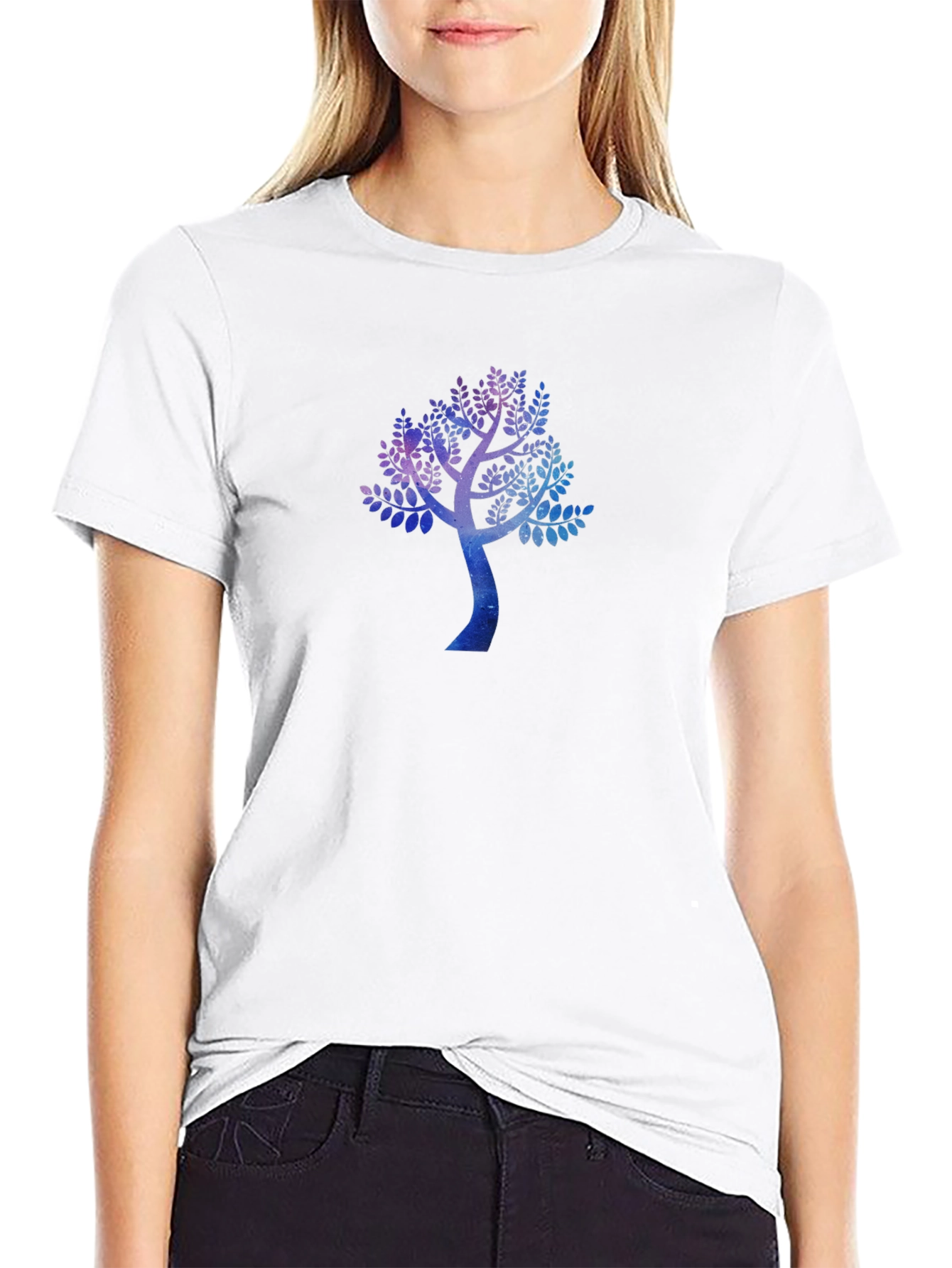 Galaxy Tree Print Black Crew Neck T-Shirt