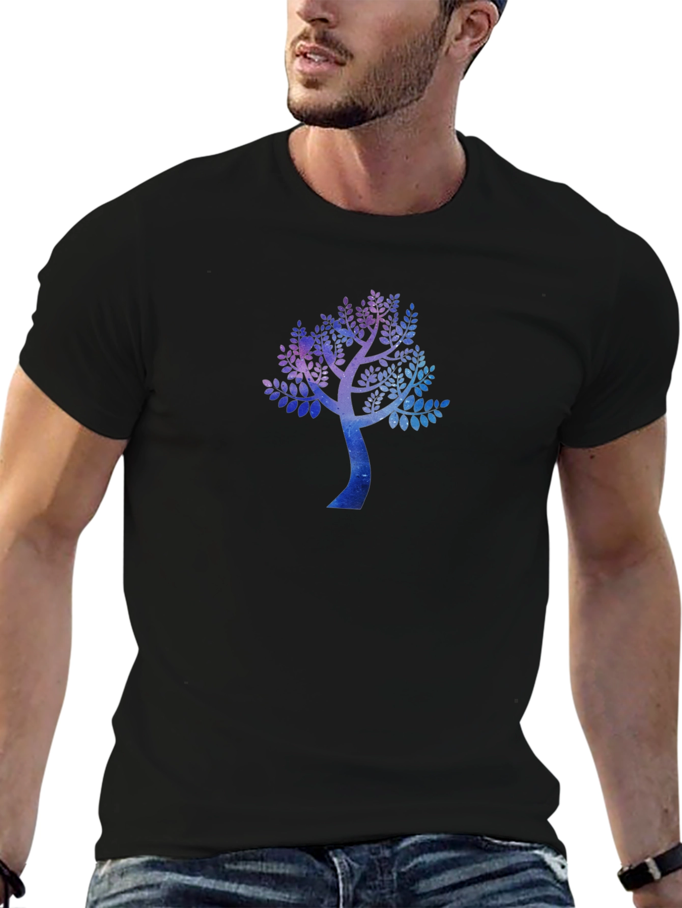 Galaxy Tree Print Black Crew Neck T-Shirt