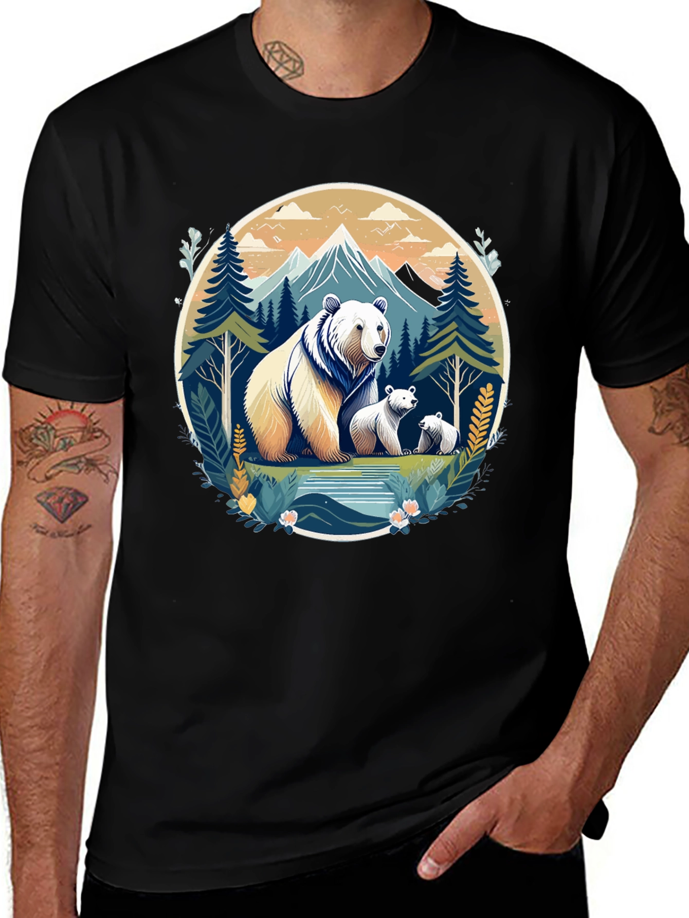 Bear Family Mountain Graphic T-Shirt
