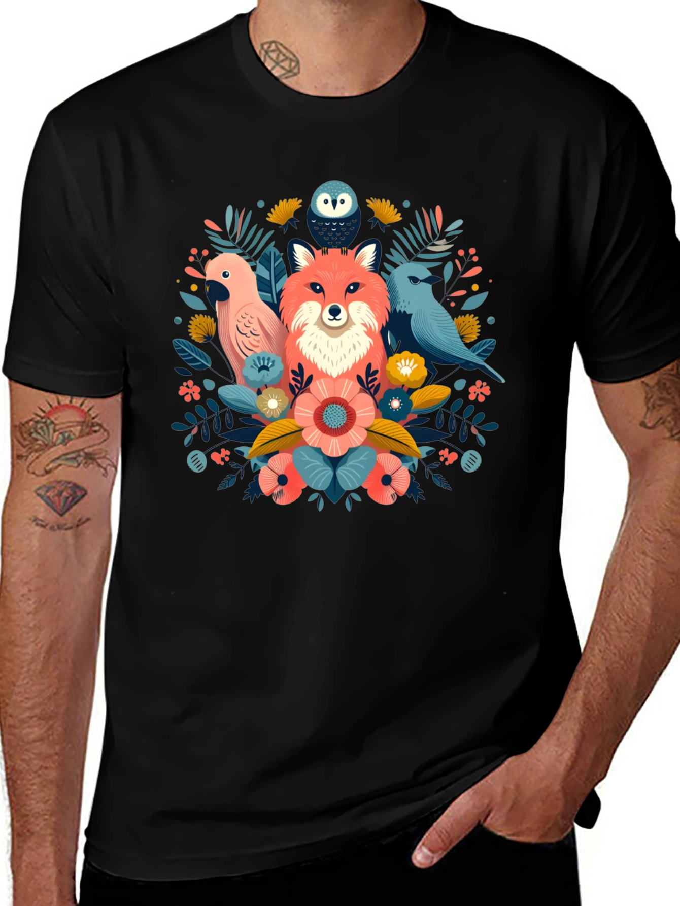 Floral Fox & Birds Graphic T-Shirt