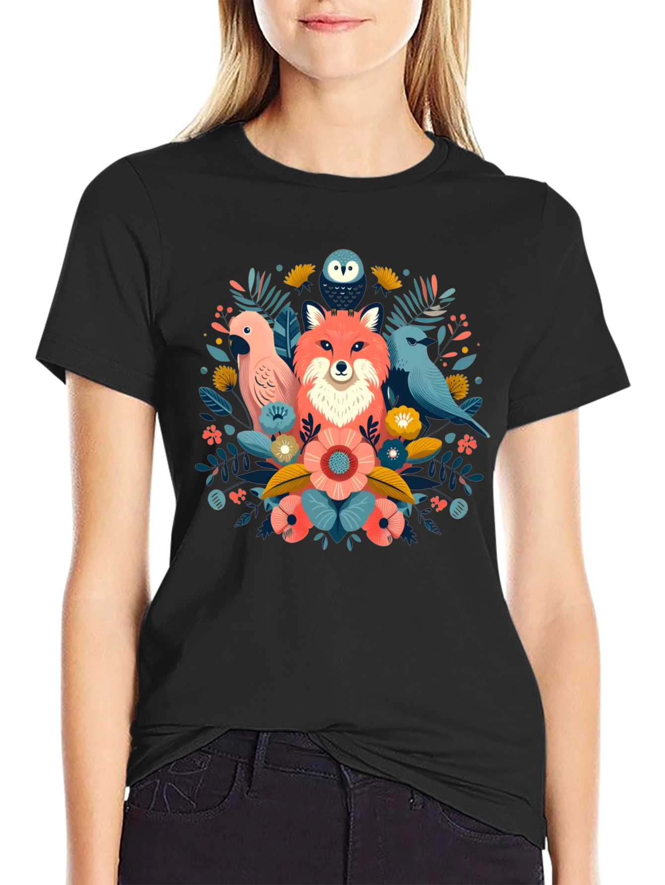 Floral Fox & Birds Graphic T-Shirt