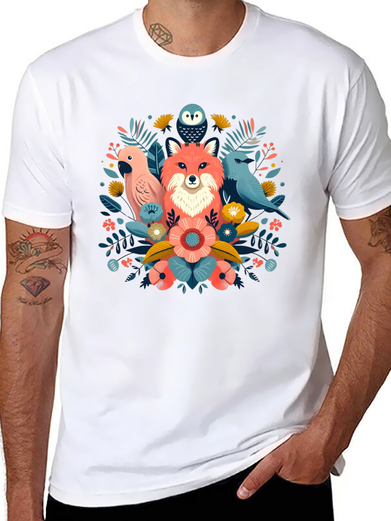 Floral Fox & Birds Graphic T-Shirt