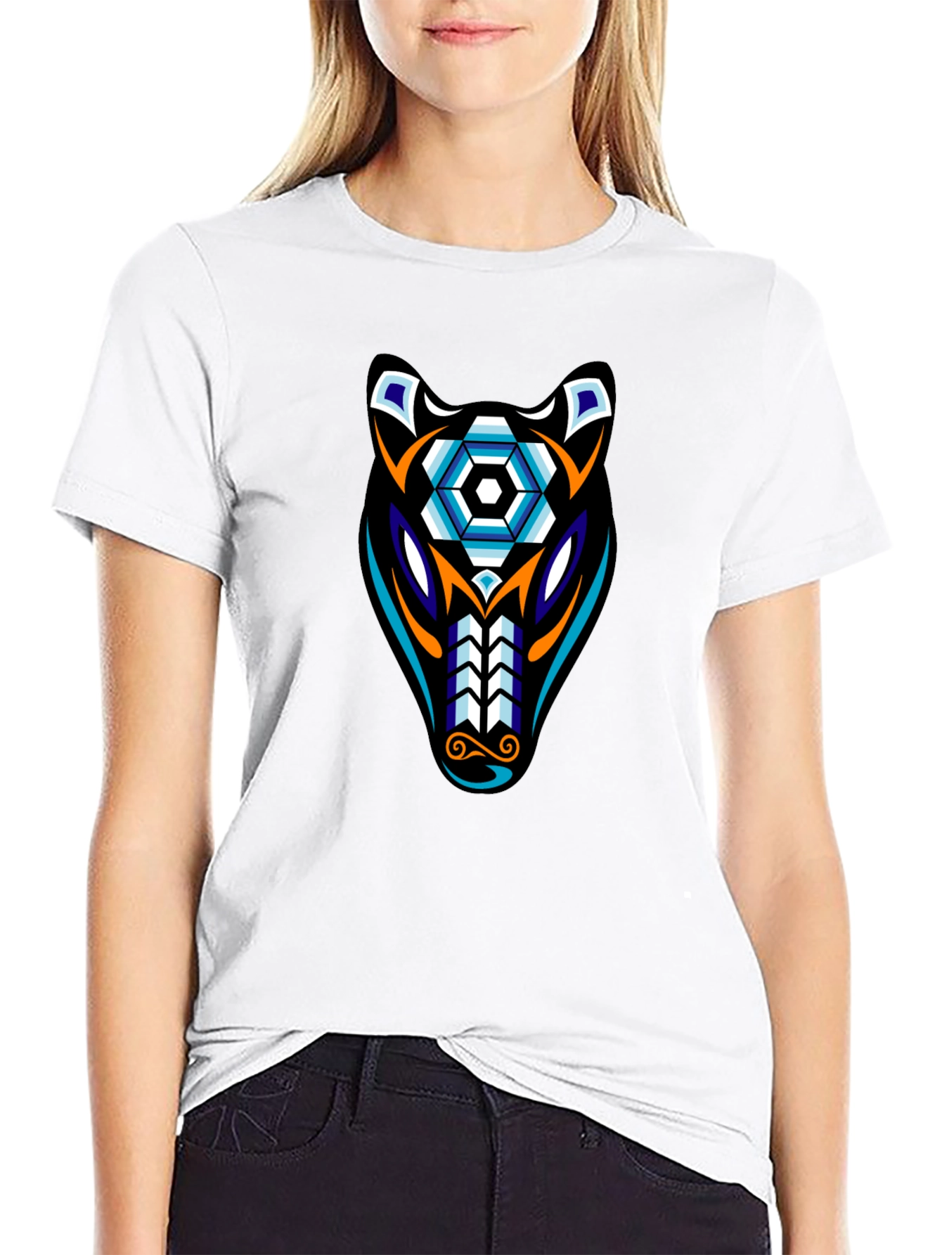Geometric Wolf Graphic Tee - Black Cotton Blend