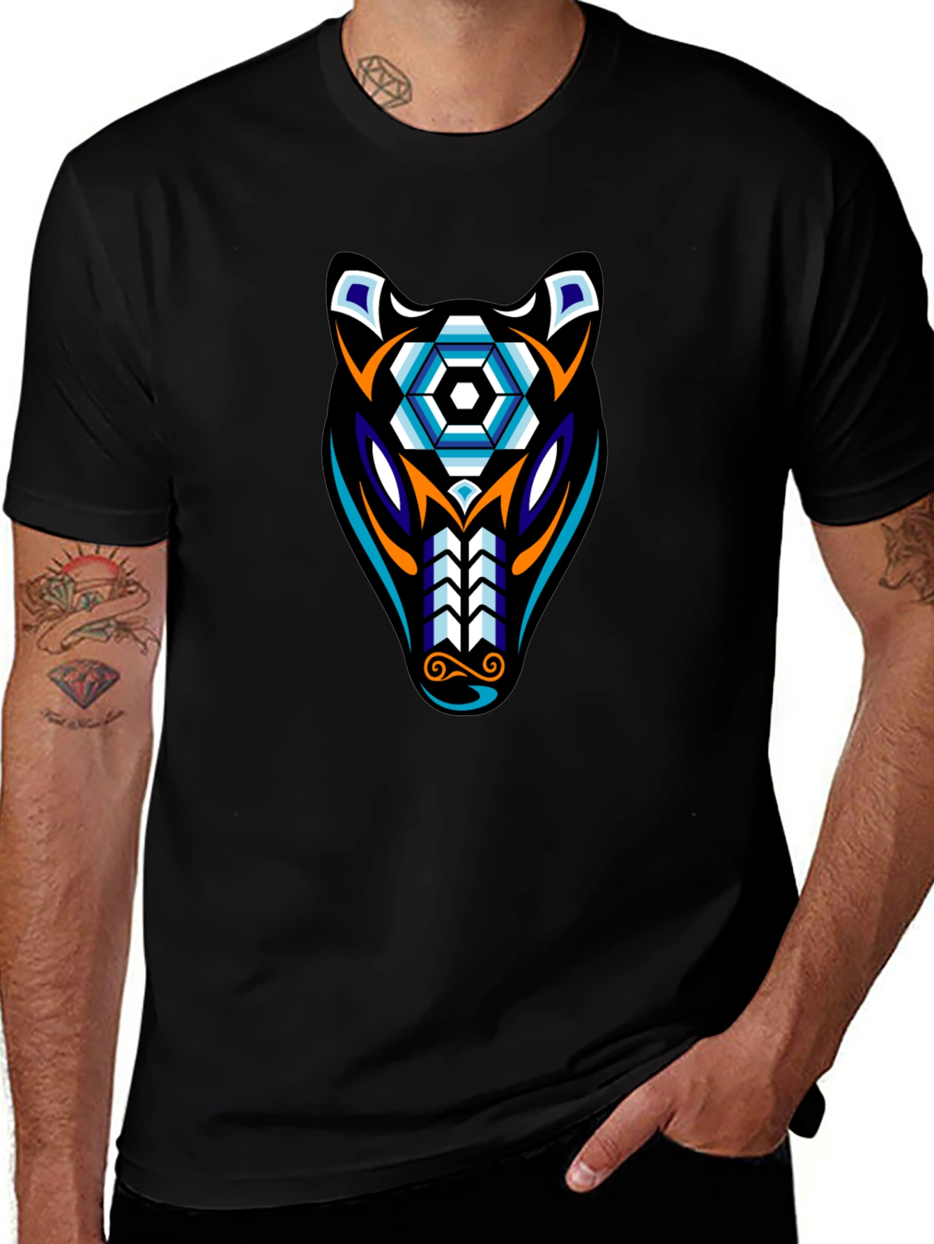 Geometric Wolf Graphic Tee - Black Cotton Blend