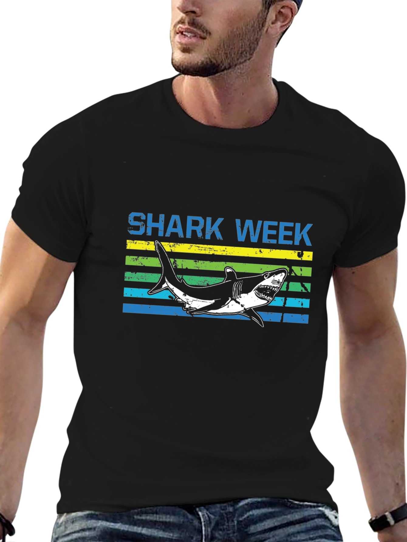 Shark Week T-Shirt - Blue & Yellow Stripe Design
