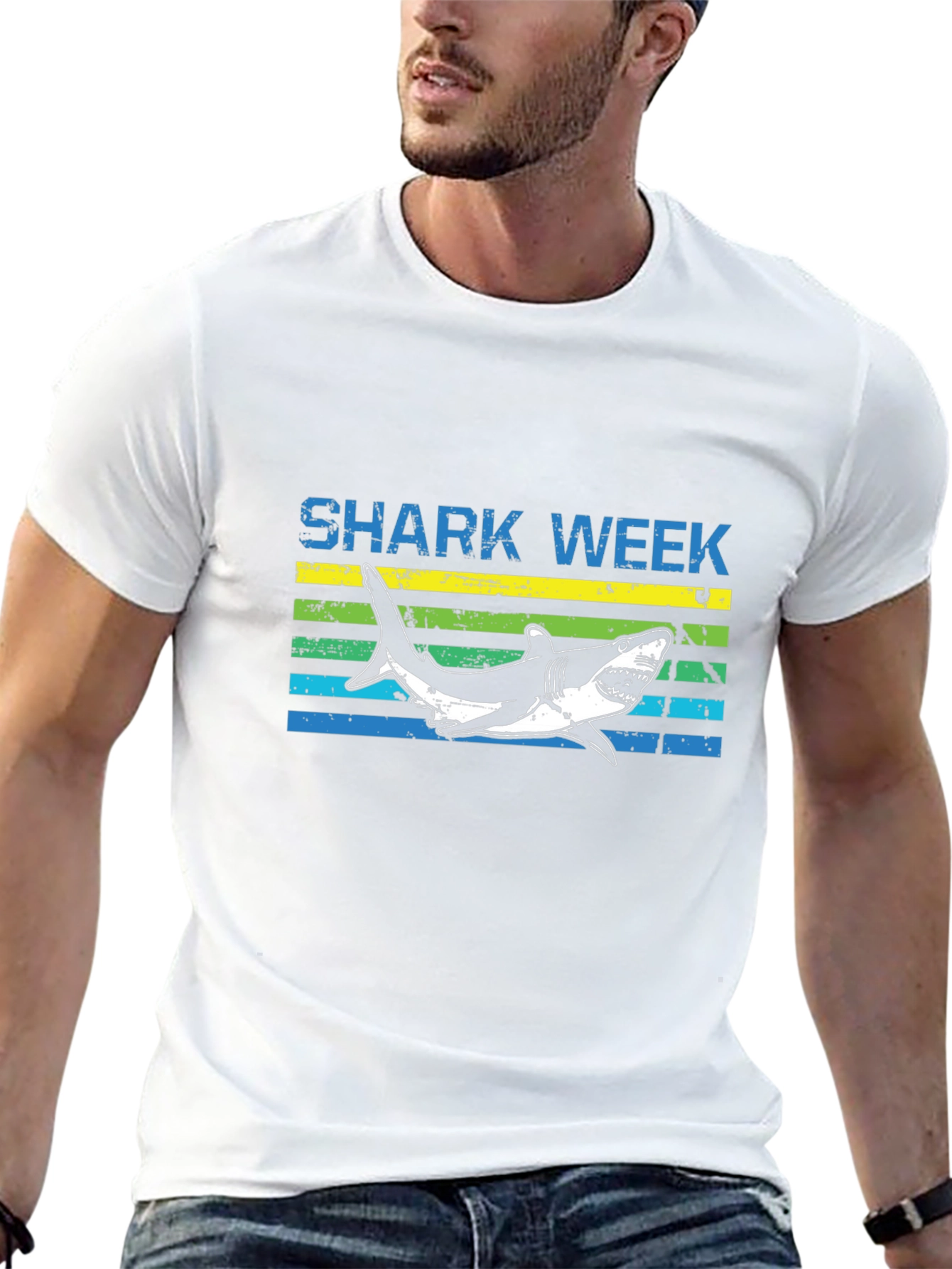 Shark Week T-Shirt - Blue & Yellow Stripe Design