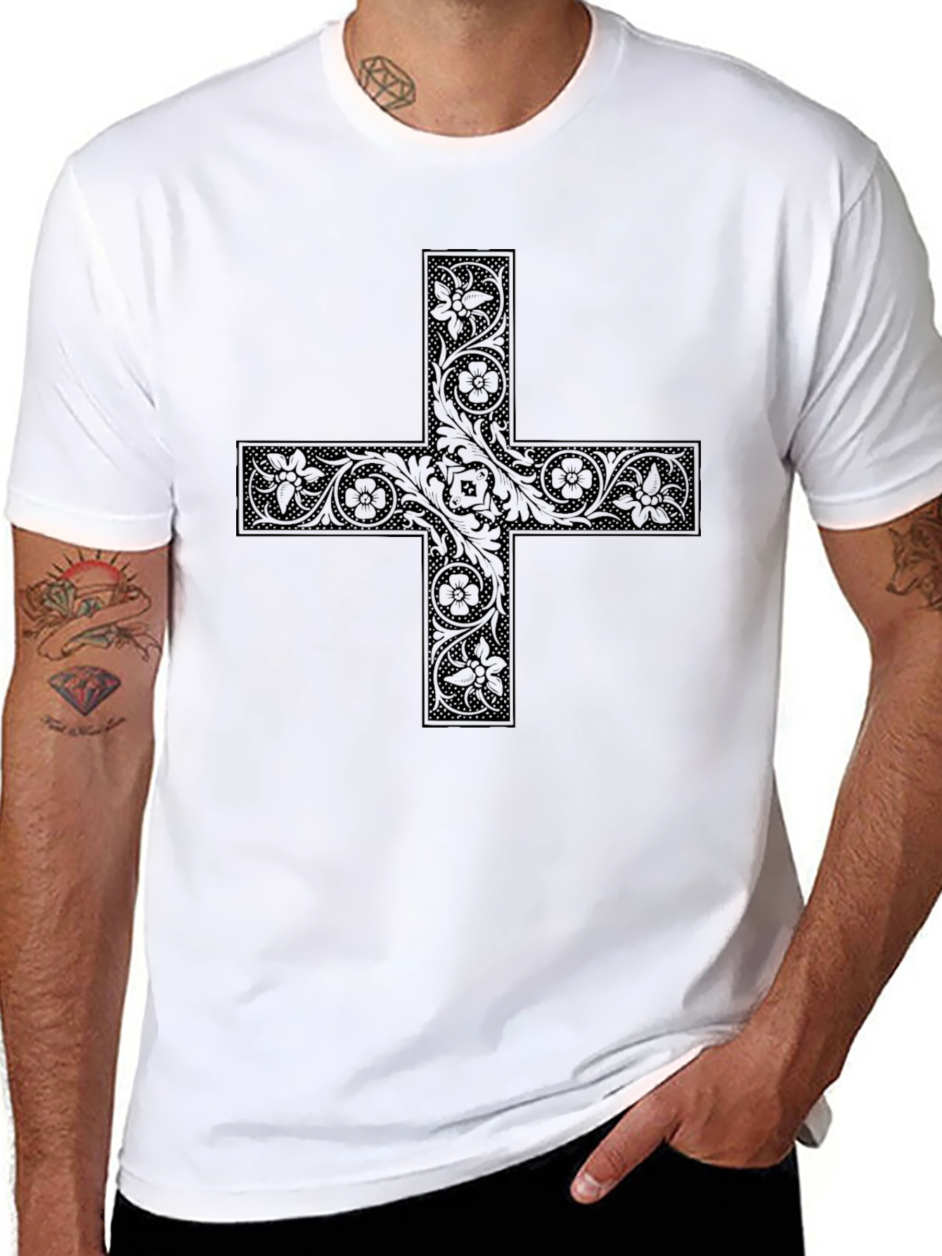 Floral Cross Graphic Black Tee