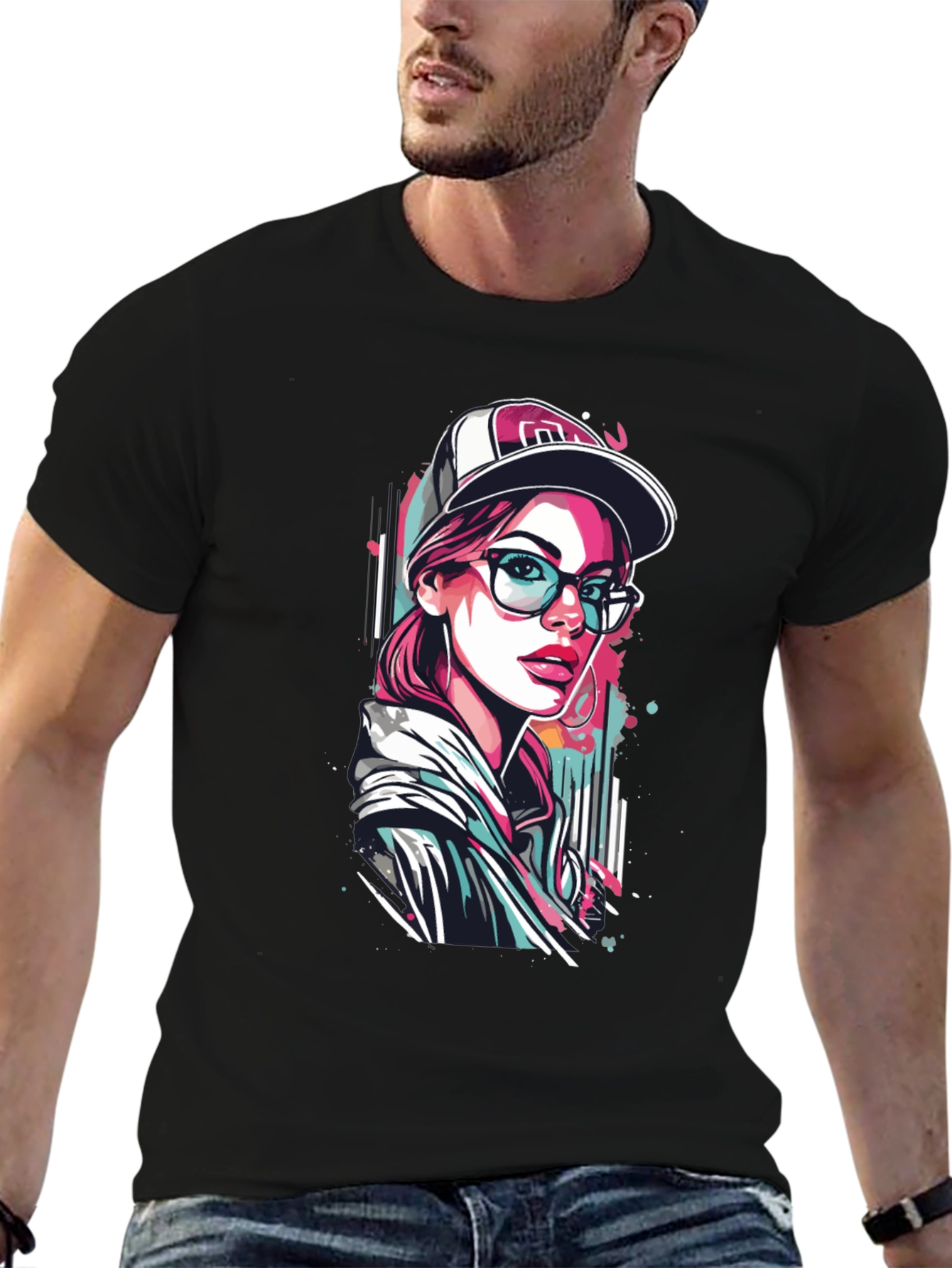 Stylish Woman Graphic Print Black T-Shirt