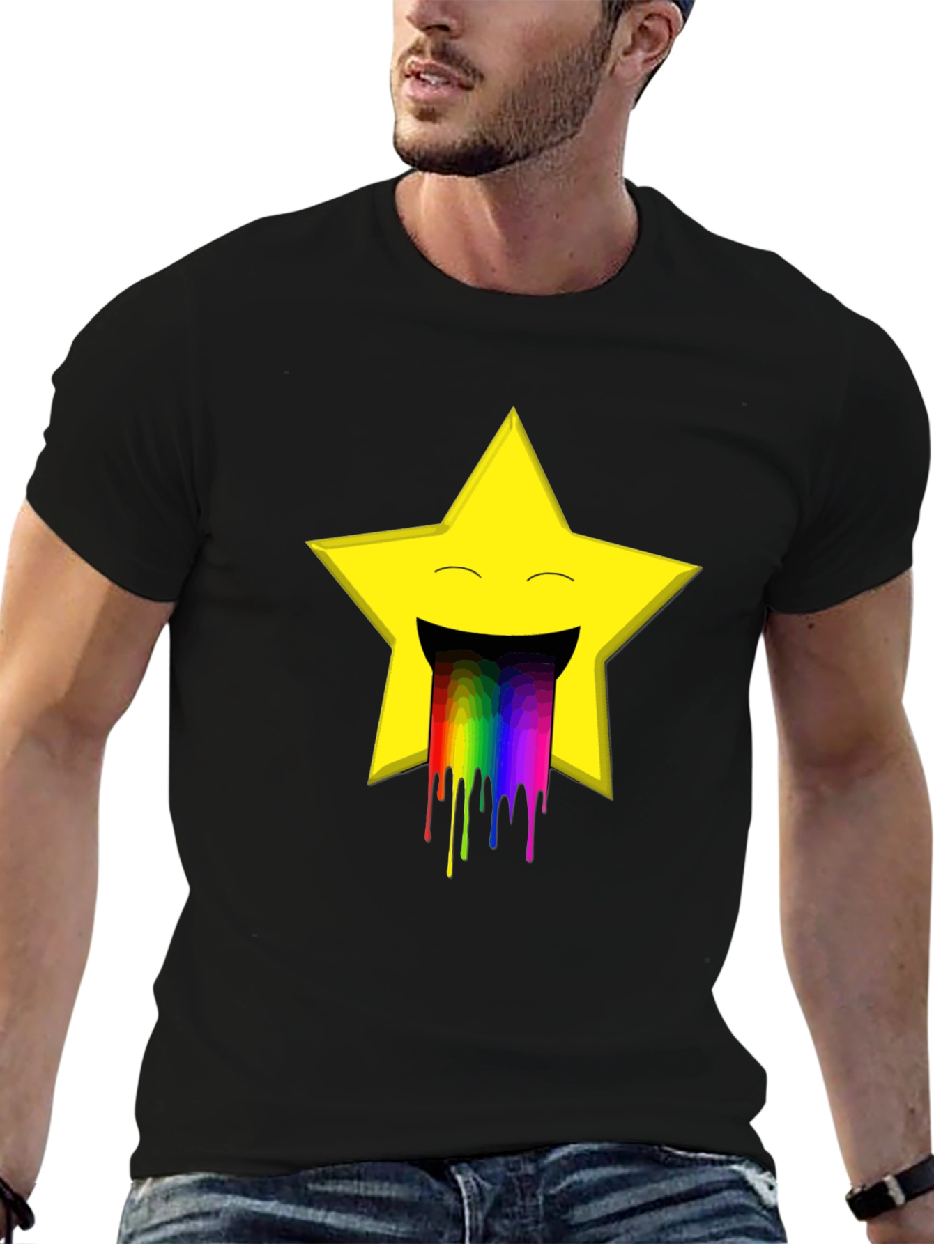 Rainbow Puke Star Graphic Tee - Black Cotton T-Shirt