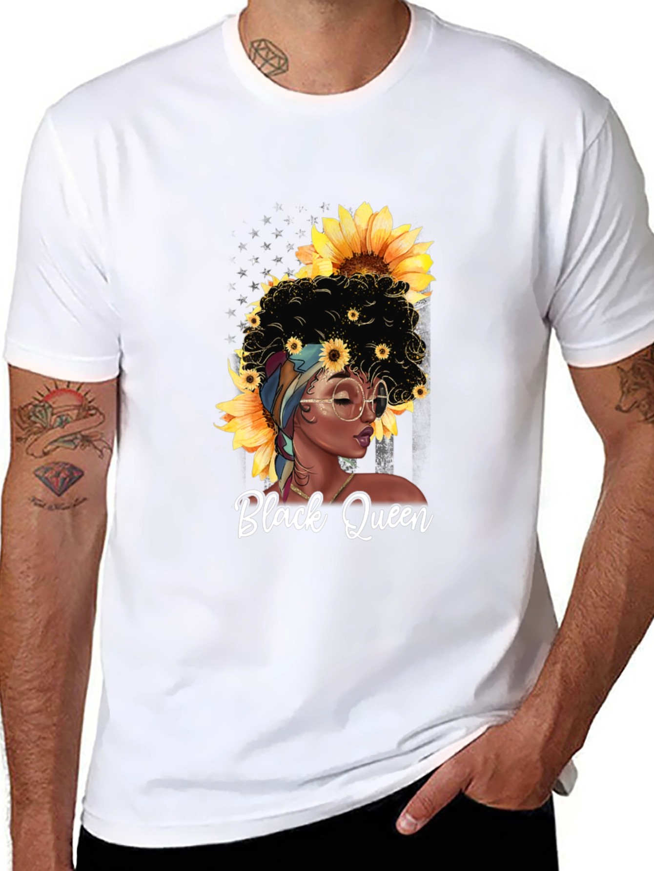 Black Queen Sunflower Graphic T-Shirt - Afro Woman Tee