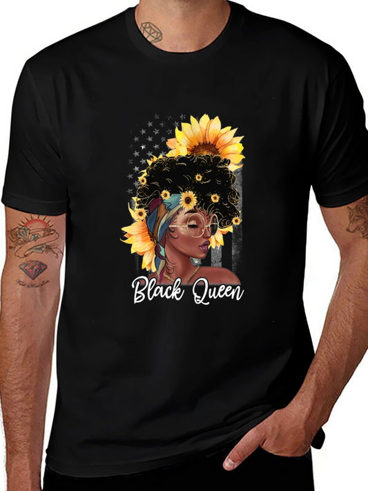 Black Queen Sunflower Graphic T-Shirt - Afro Woman Tee