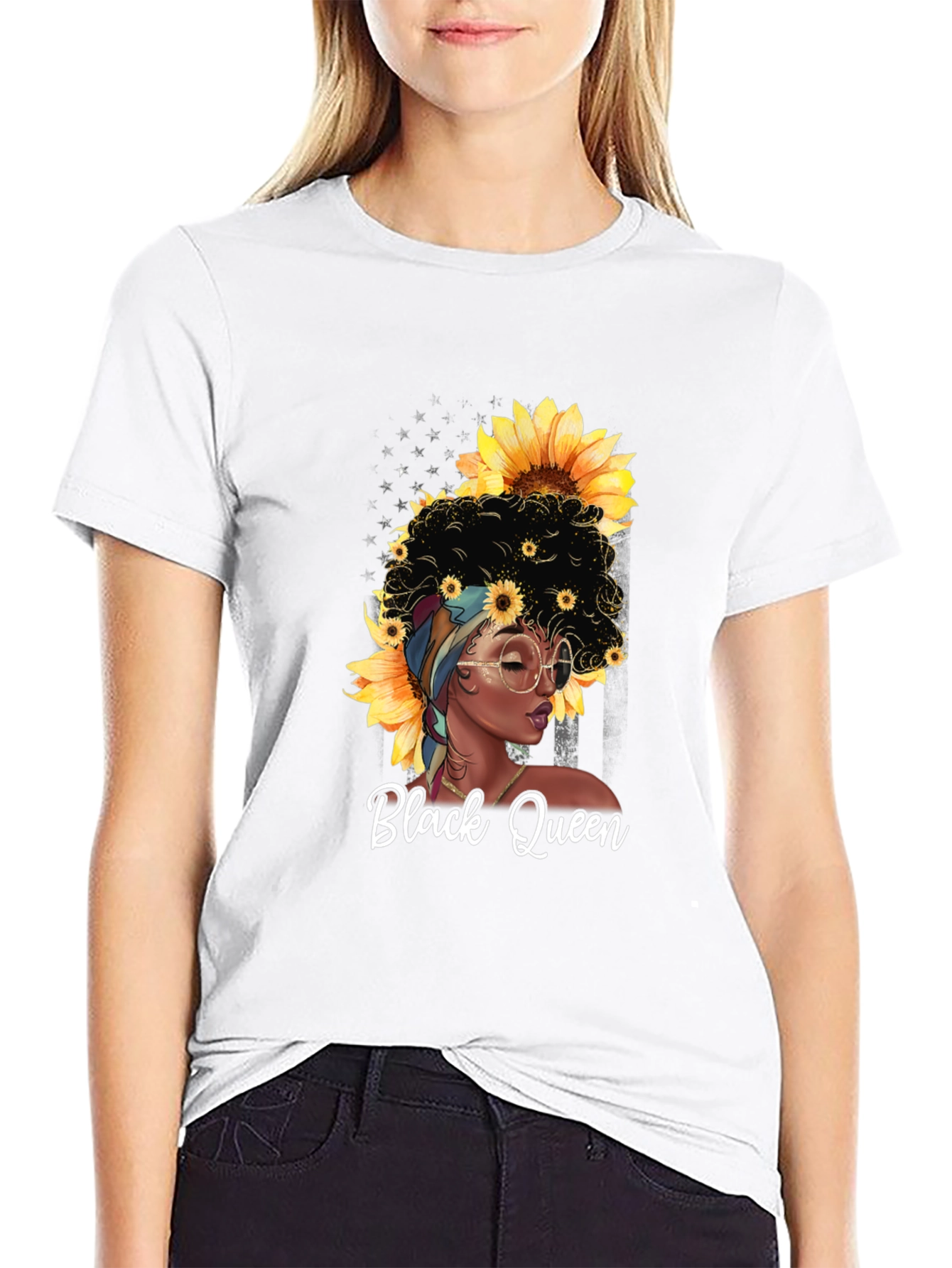 Black Queen Sunflower Graphic T-Shirt - Afro Woman Tee