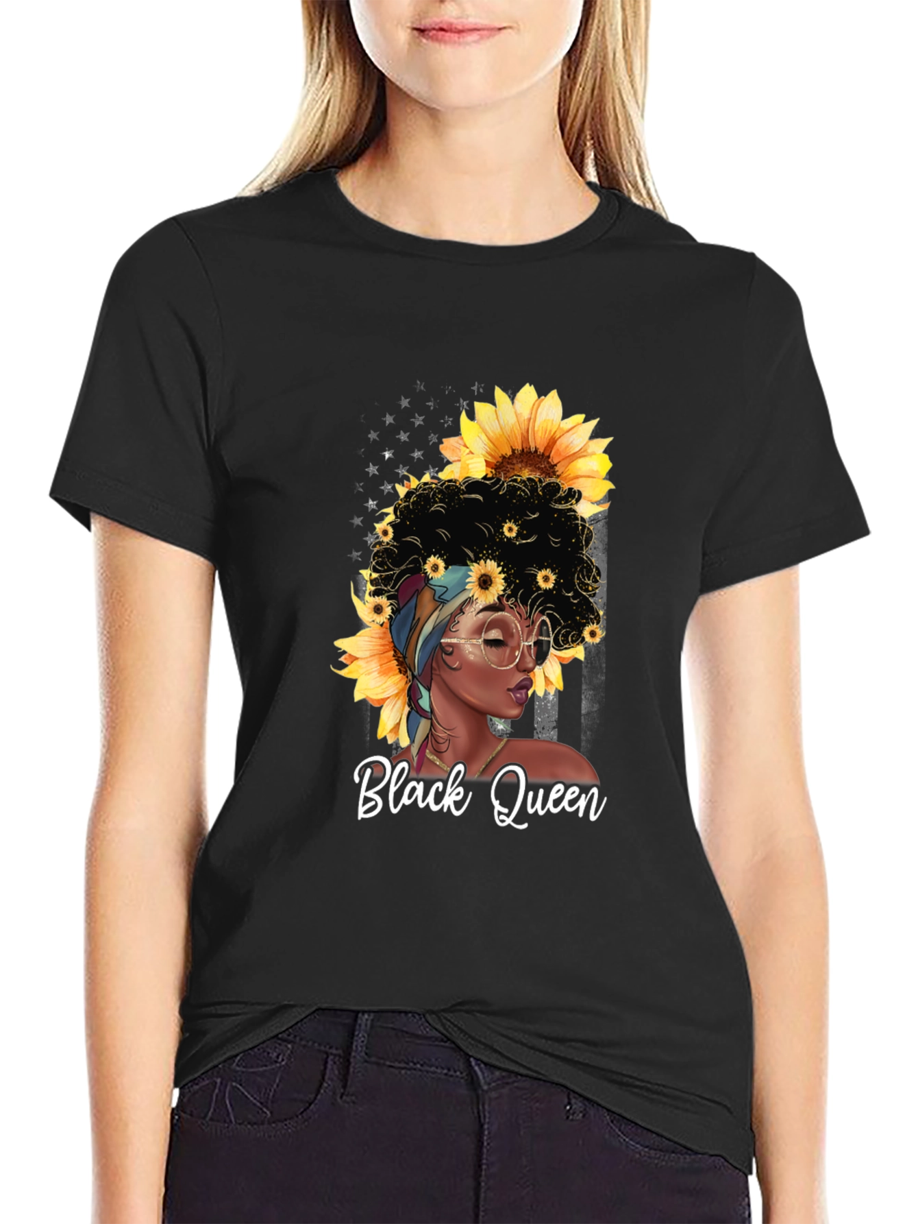 Black Queen Sunflower Graphic T-Shirt - Afro Woman Tee
