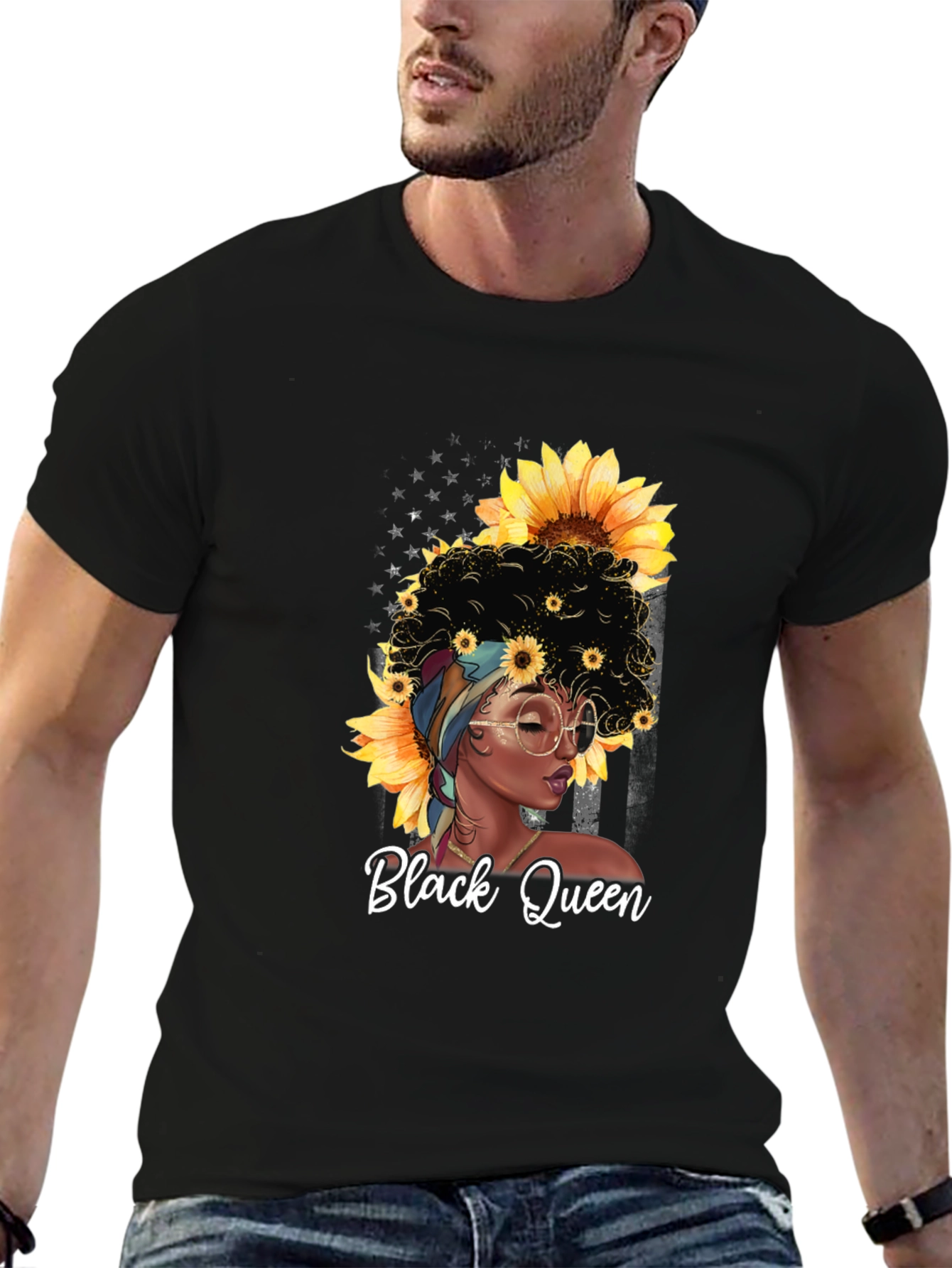 Black Queen Sunflower Graphic T-Shirt - Afro Woman Tee
