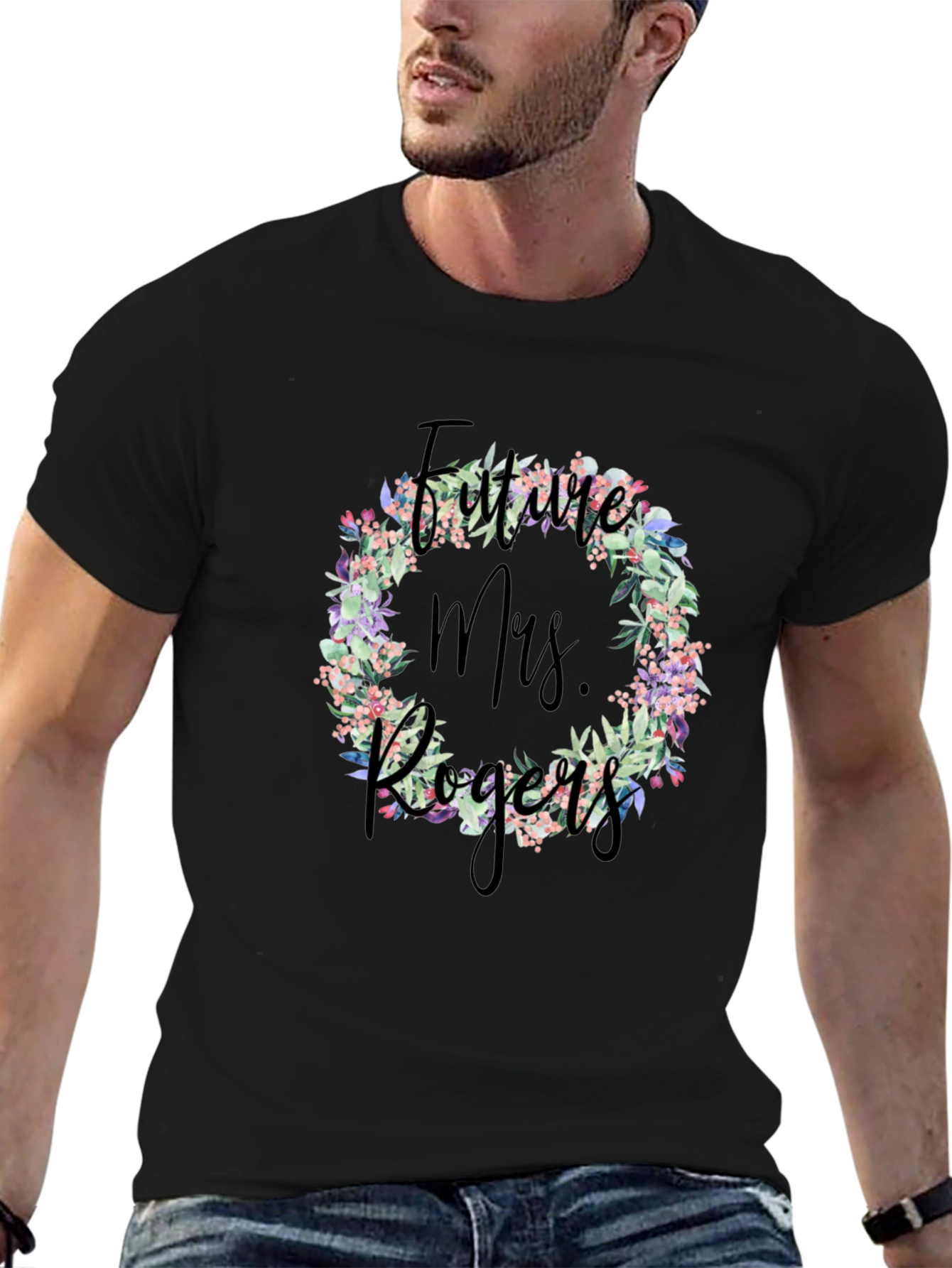 Future Mrs. Rogers Floral Wreath Black T-Shirt