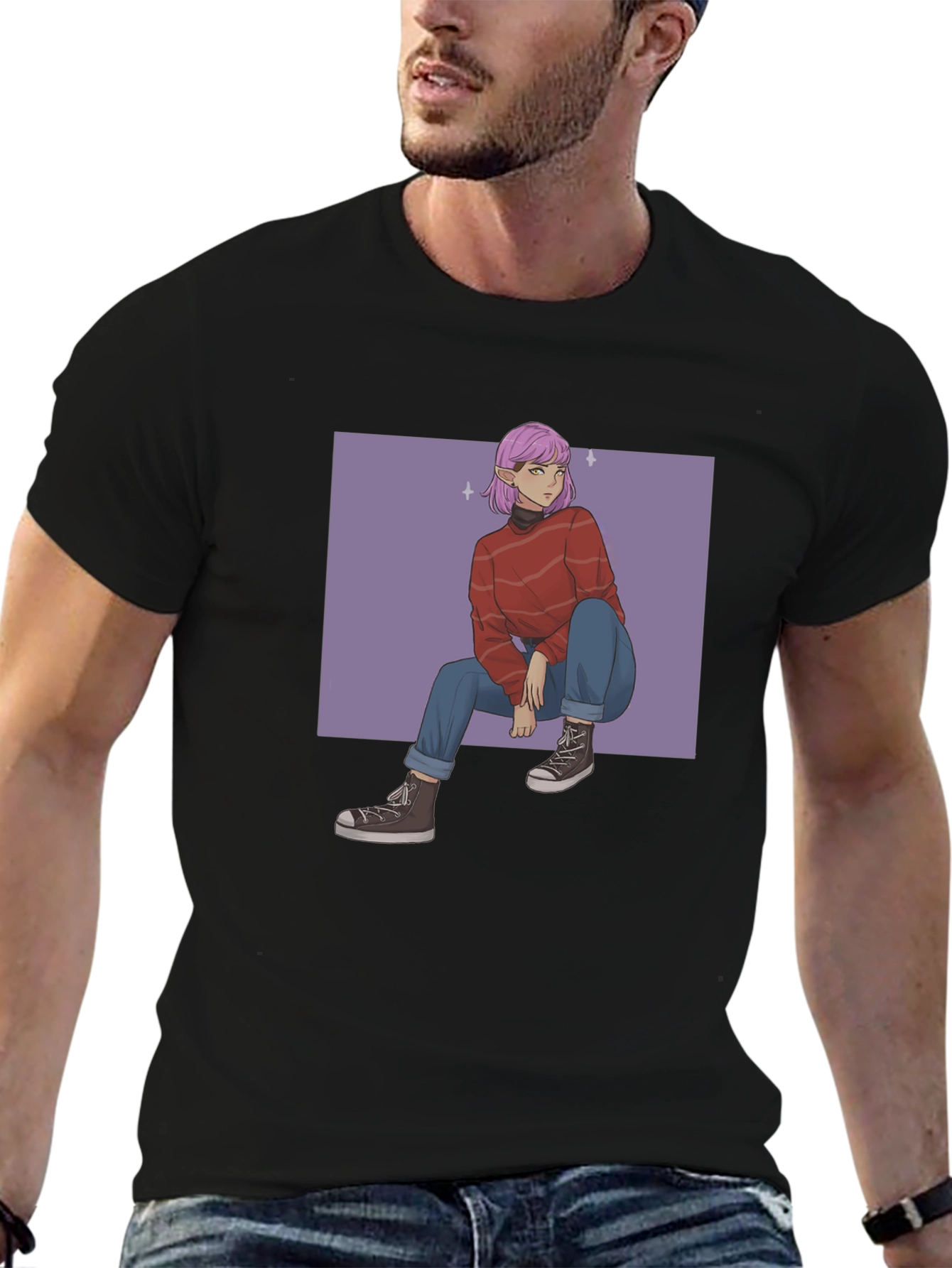 Anime Graphic Print Black T-Shirt