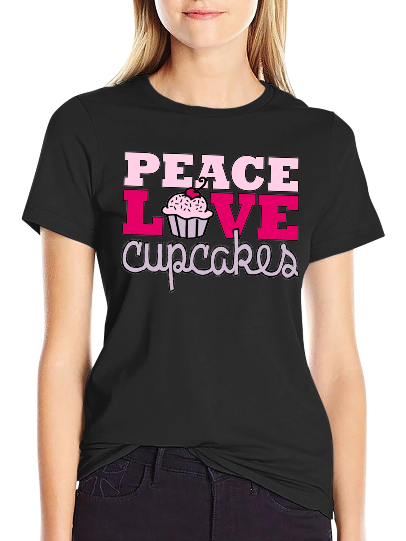 Peace Love Cupcakes Graphic Tee - Black Cotton T-Shirt