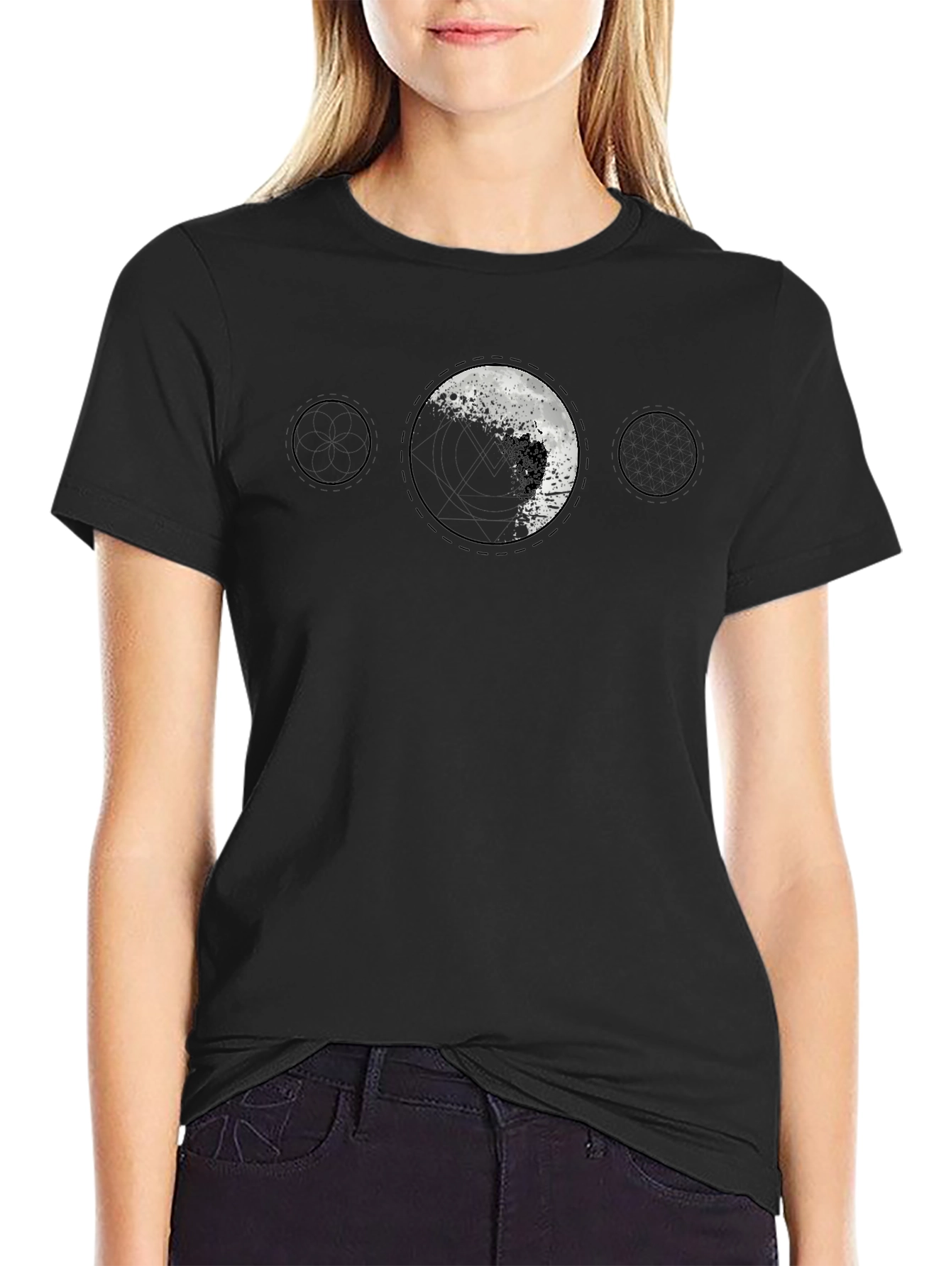 Lunar Phase Graphic Print Black T-Shirt