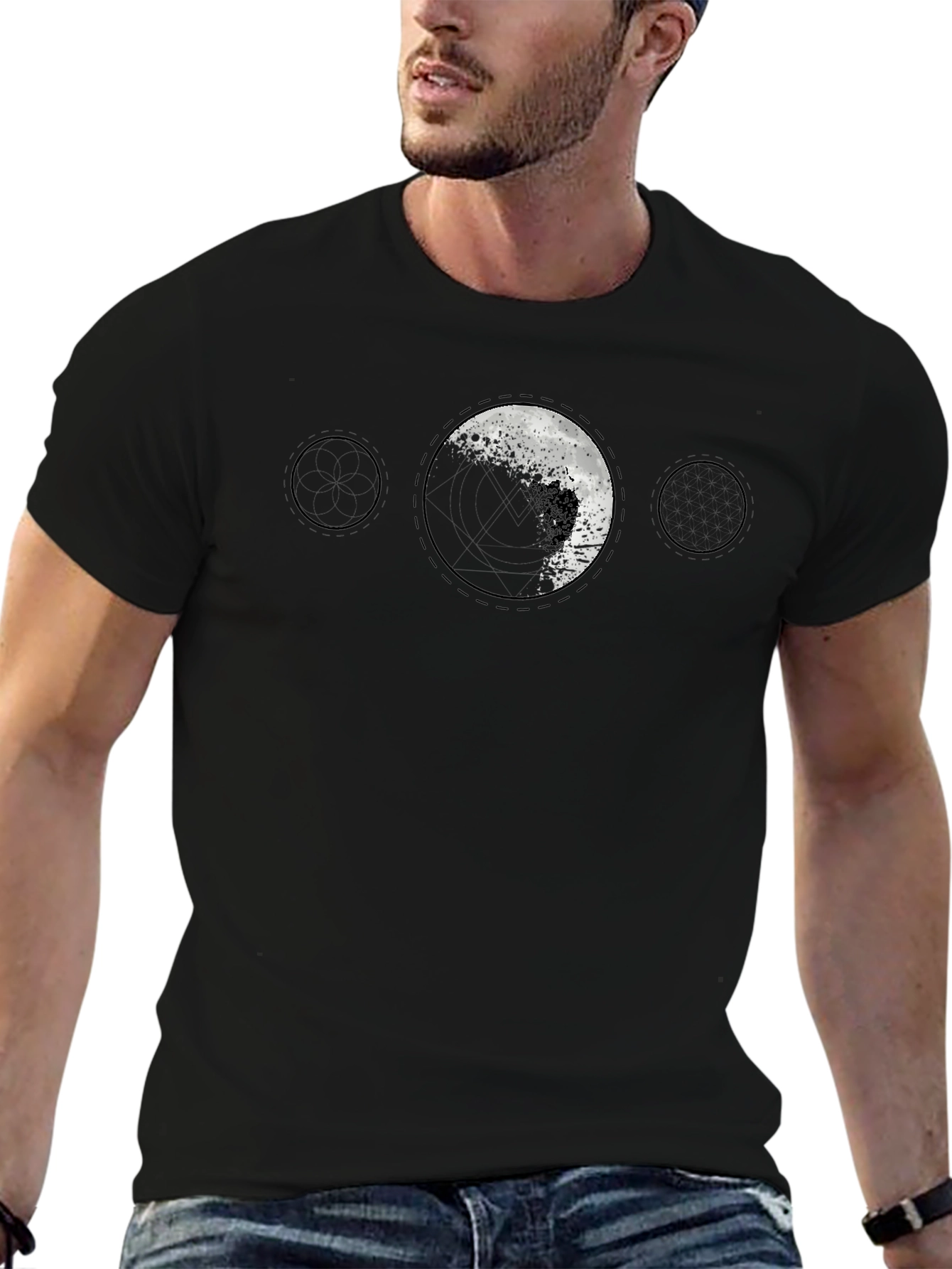 Lunar Phase Graphic Print Black T-Shirt