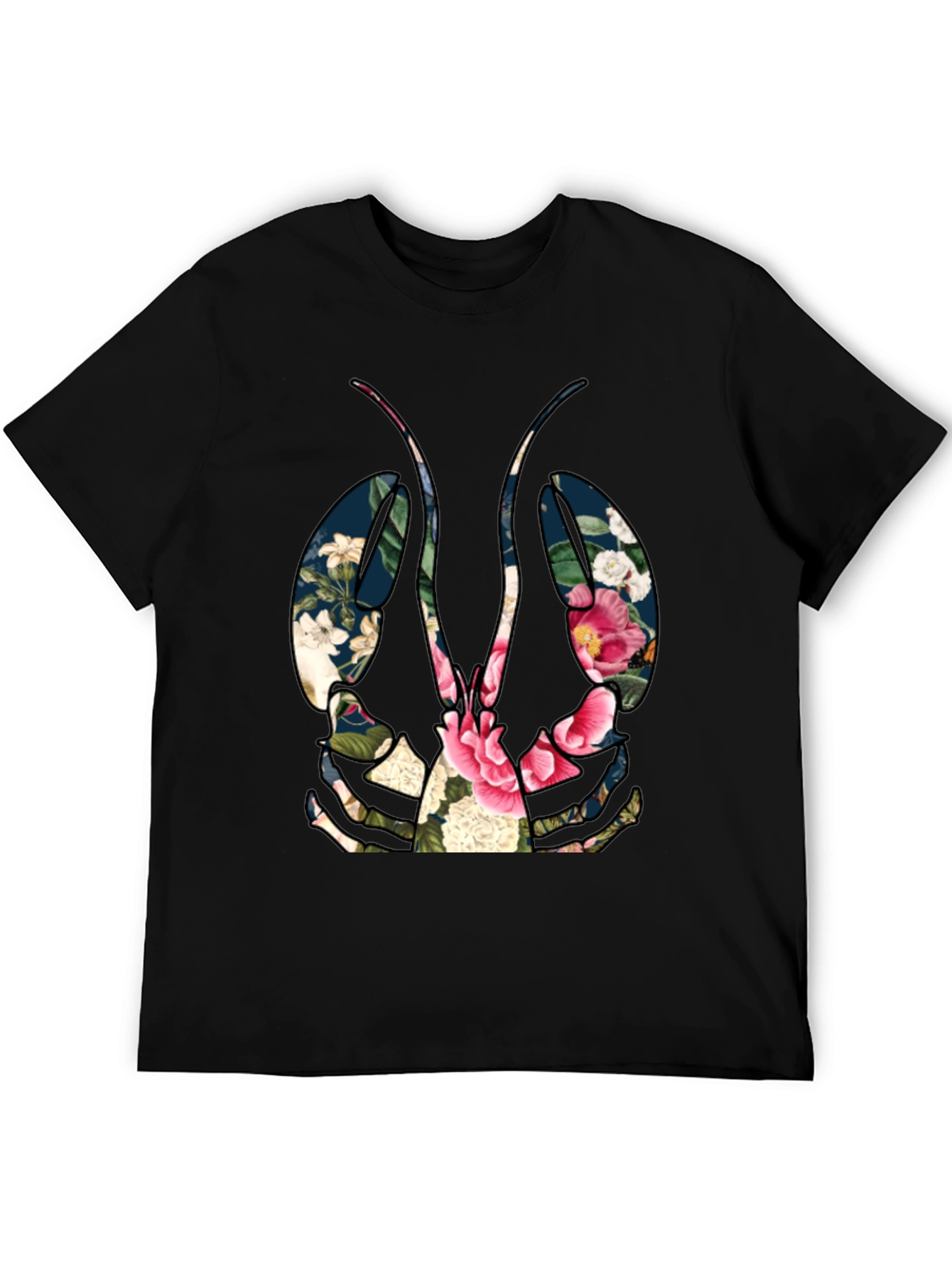 Floral Lobster Graphic Tee - Black Casual T-Shirt