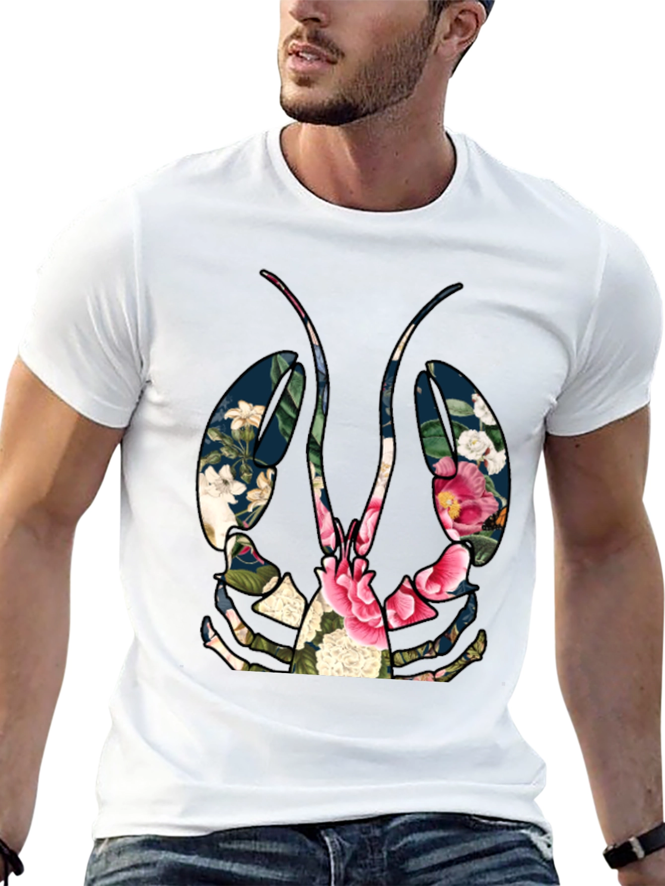 Floral Lobster Graphic Tee - Black Casual T-Shirt